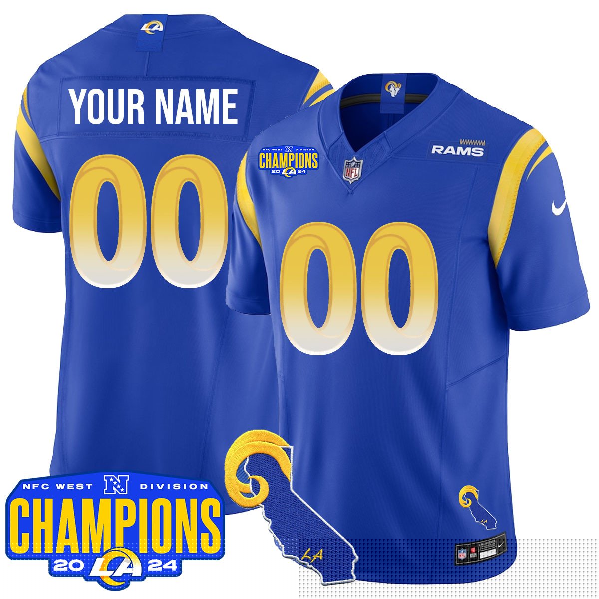 Custom Gender/Name Los Angeles Rams 2024 NFC West Division Champions Jersey - All Stitched