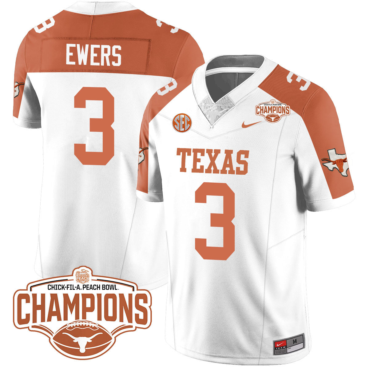 Texas Longhorns 2024 Peach Bowl Champions Jersey - All Stitched