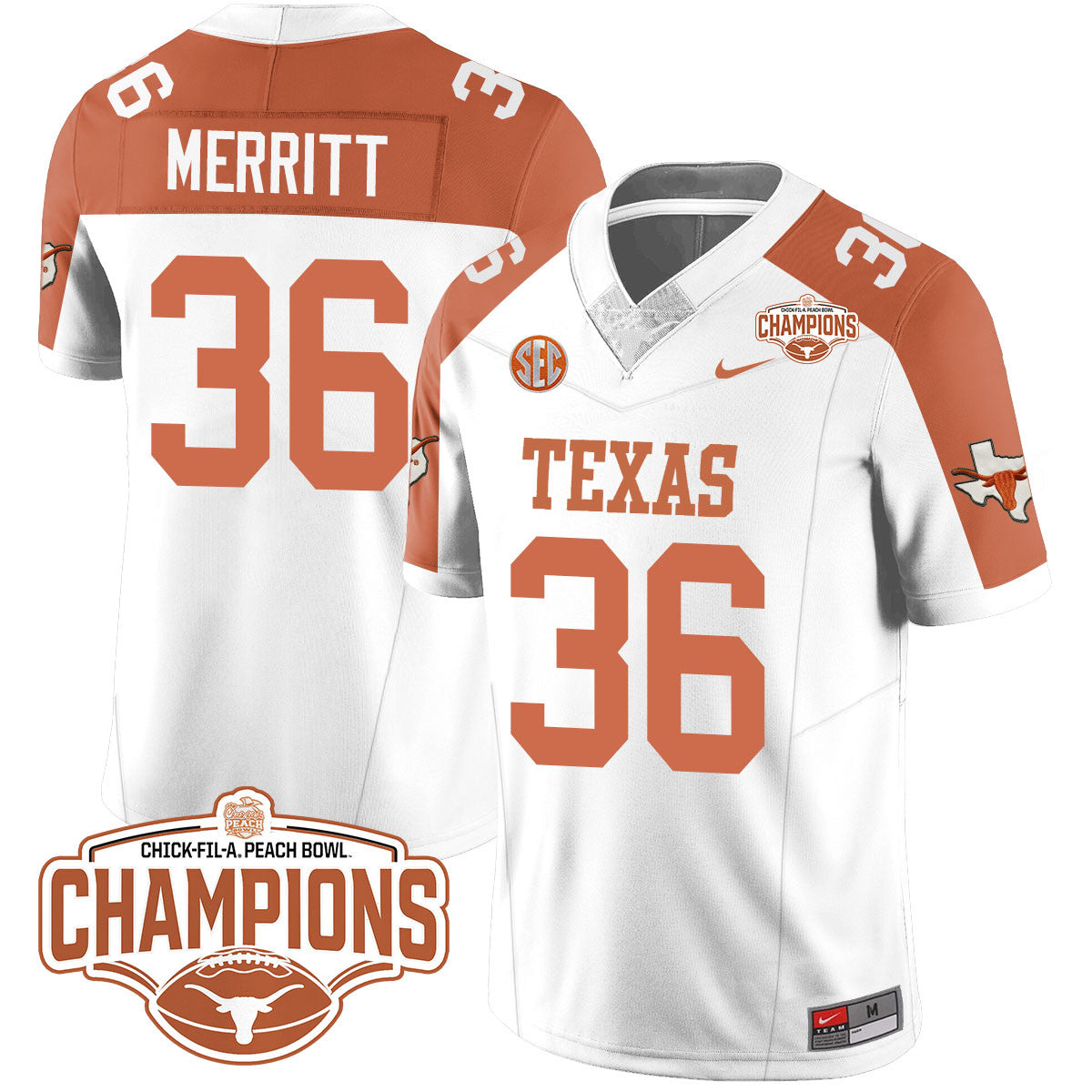 Texas Longhorns 2024 Peach Bowl Champions Jersey - All Stitched