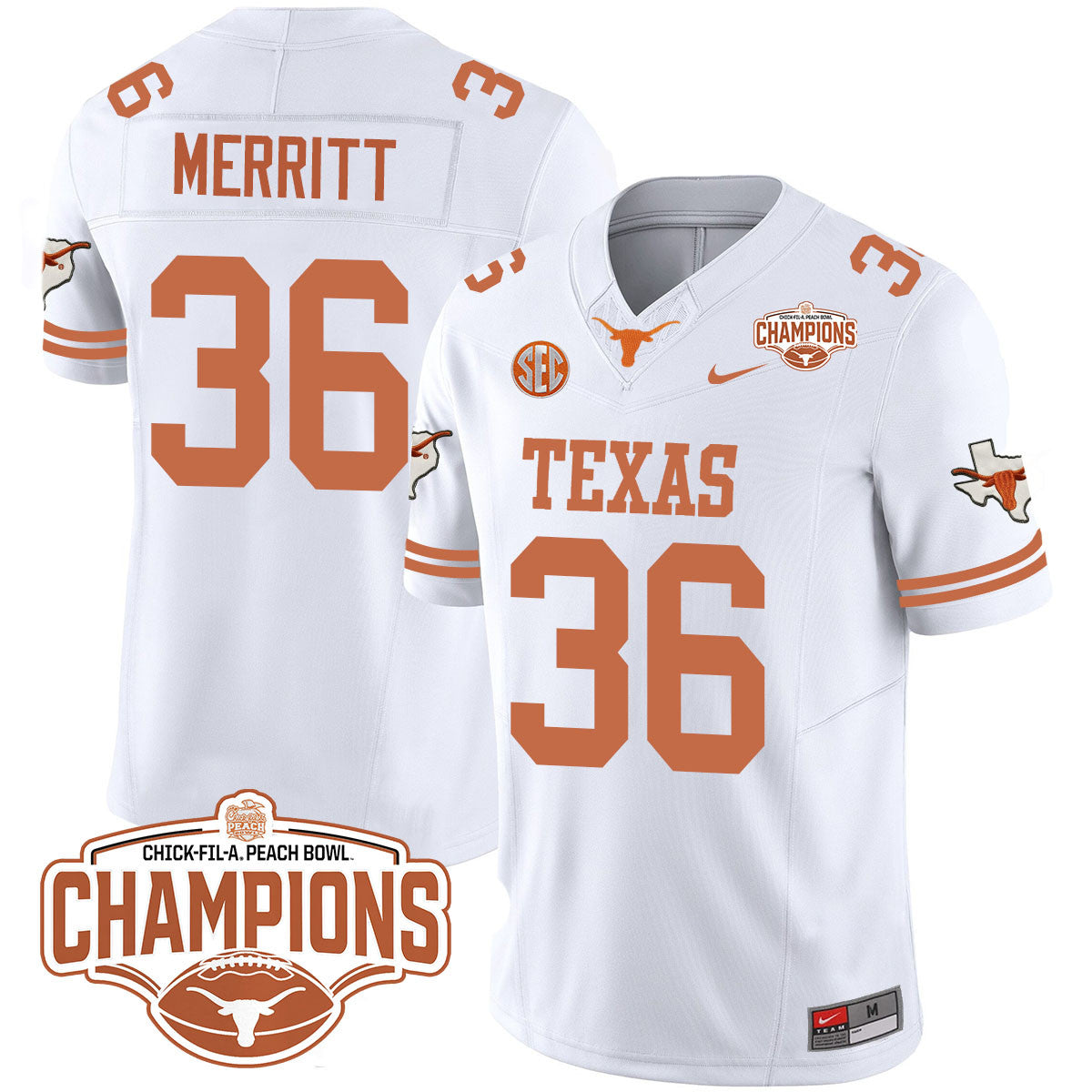 Texas Longhorns 2024 Peach Bowl Champions Jersey - All Stitched