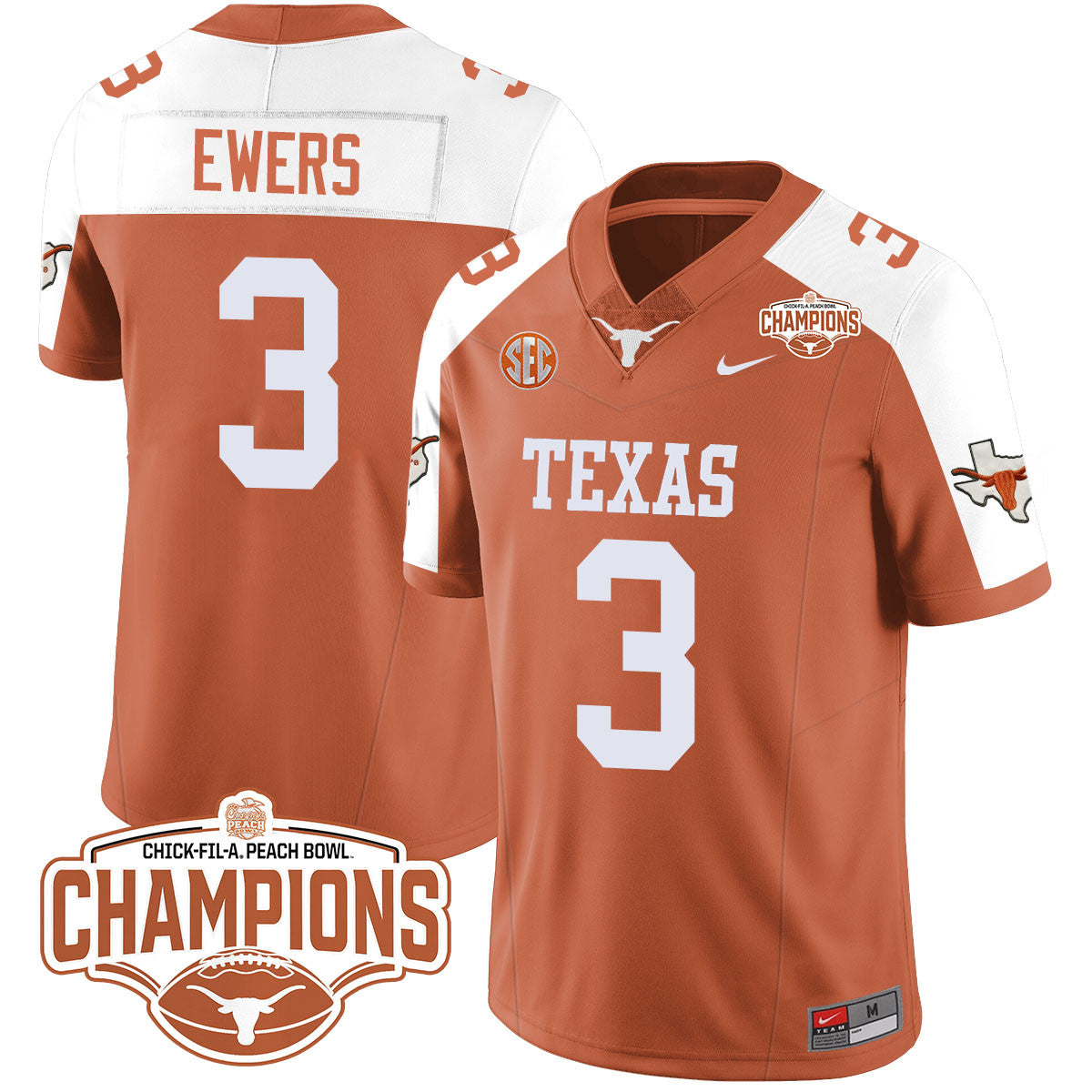 Texas Longhorns 2024 Peach Bowl Champions Jersey - All Stitched