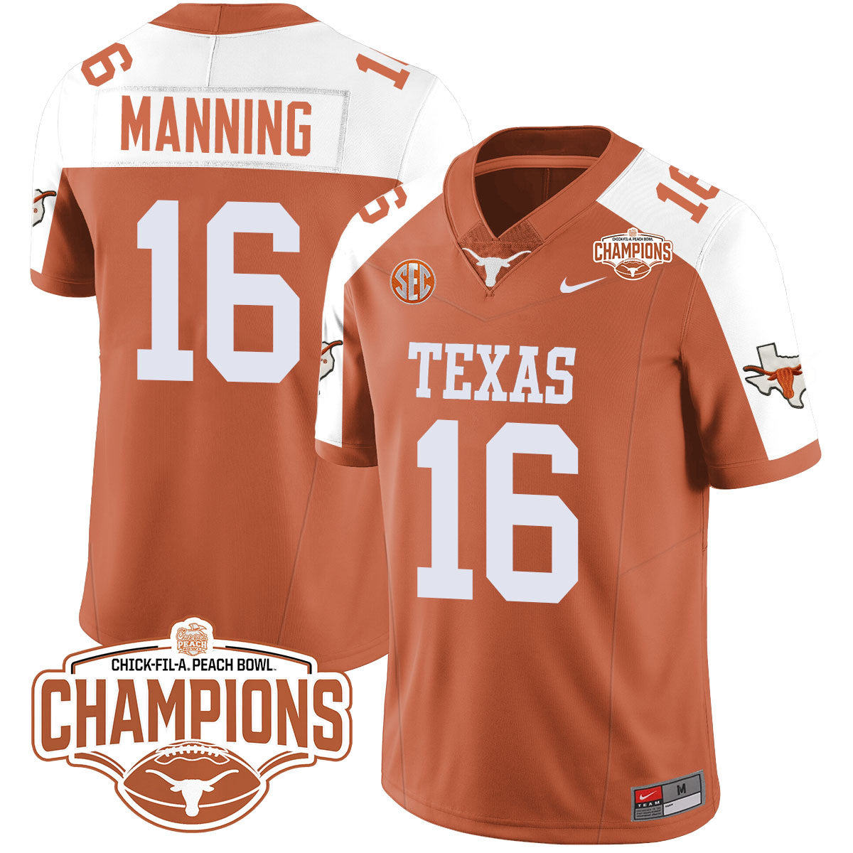 Texas Longhorns 2024 Peach Bowl Champions Jersey - All Stitched