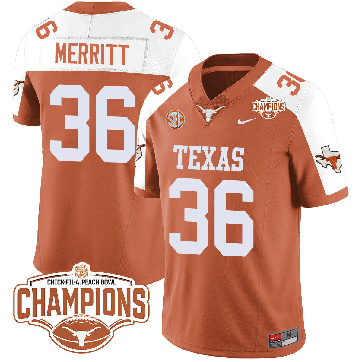 Texas Longhorns 2024 Peach Bowl Champions Jersey - All Stitched