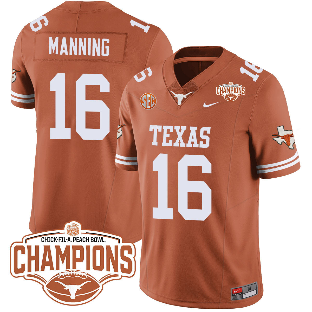Texas Longhorns 2024 Peach Bowl Champions Jersey - All Stitched