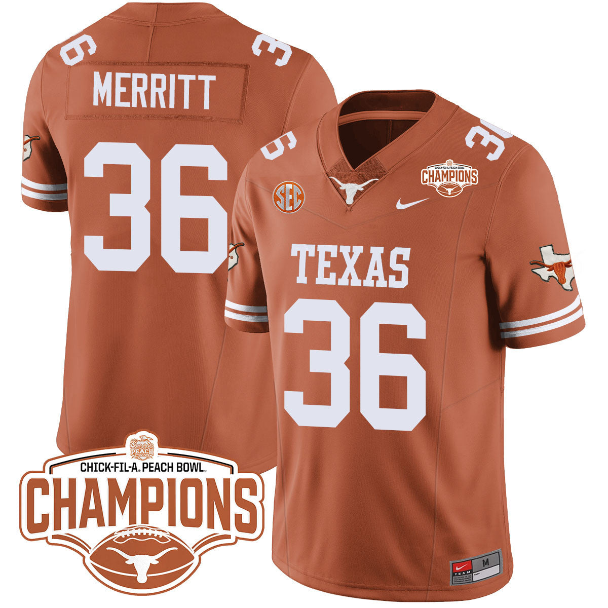 Texas Longhorns 2024 Peach Bowl Champions Jersey - All Stitched
