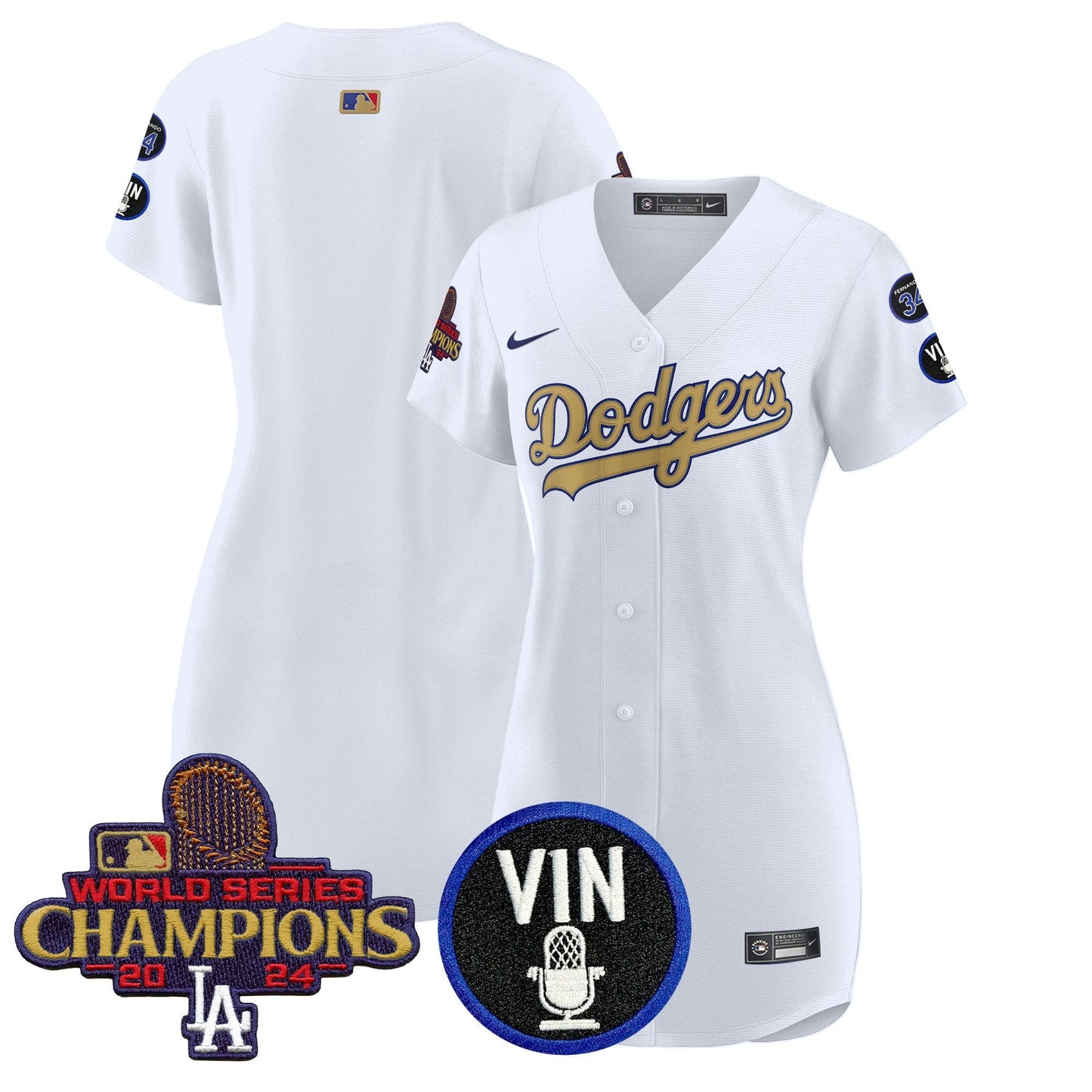 Women's Dodgers 2025 Vin Scully & #34 Fernando Patch Gold Baseball Dress - All Stitched