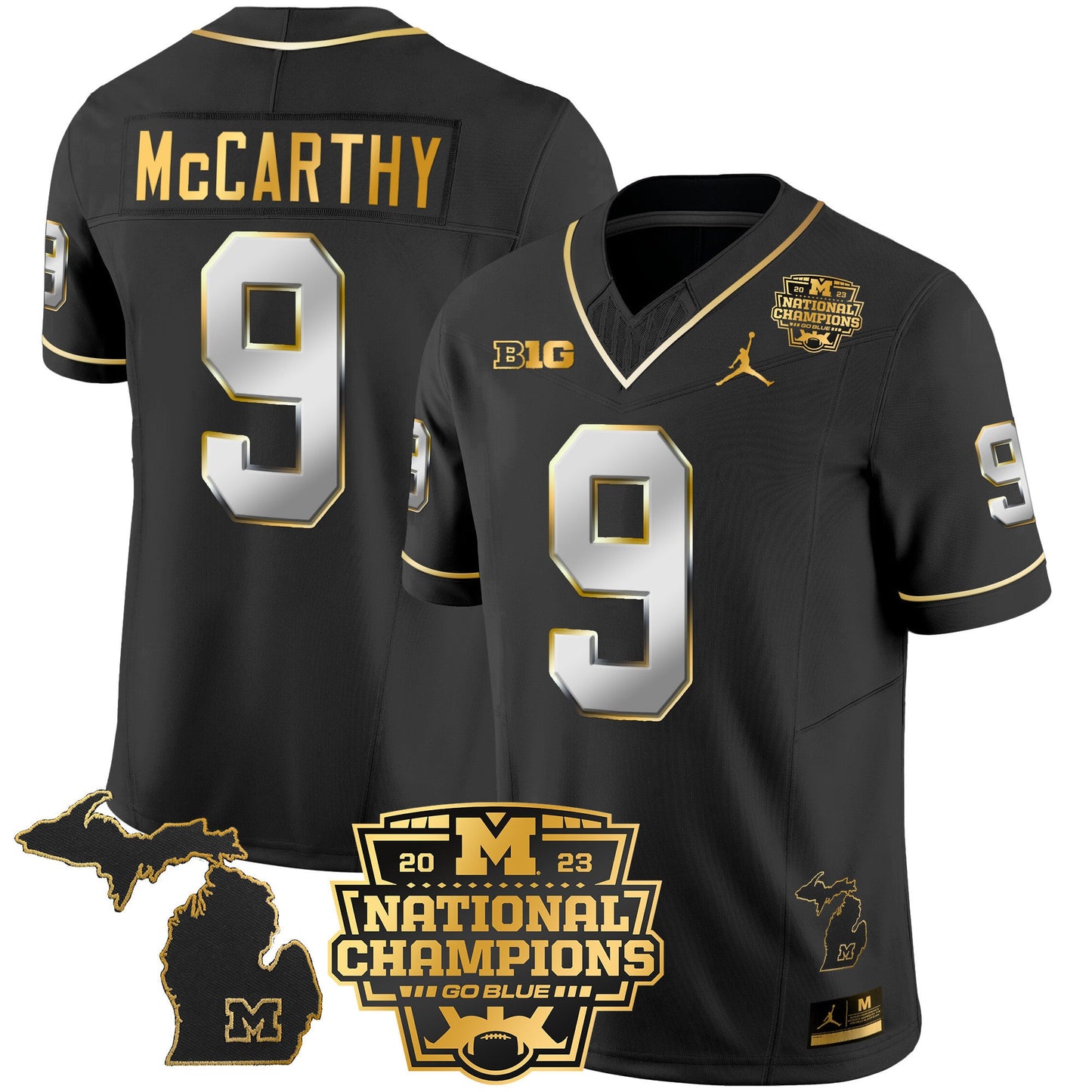Michigan Wolverines 2023 National Champions Patch Gold Vapor Jersey V3 - All Stitched