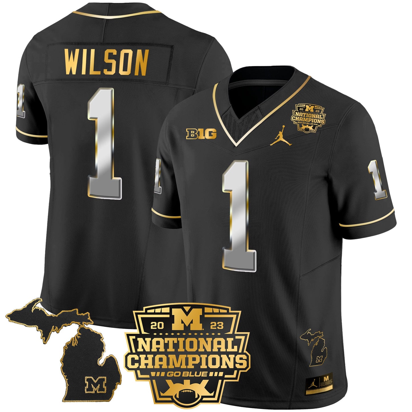 Michigan Wolverines 2023 National Champions Patch Gold Vapor Jersey V3 - All Stitched