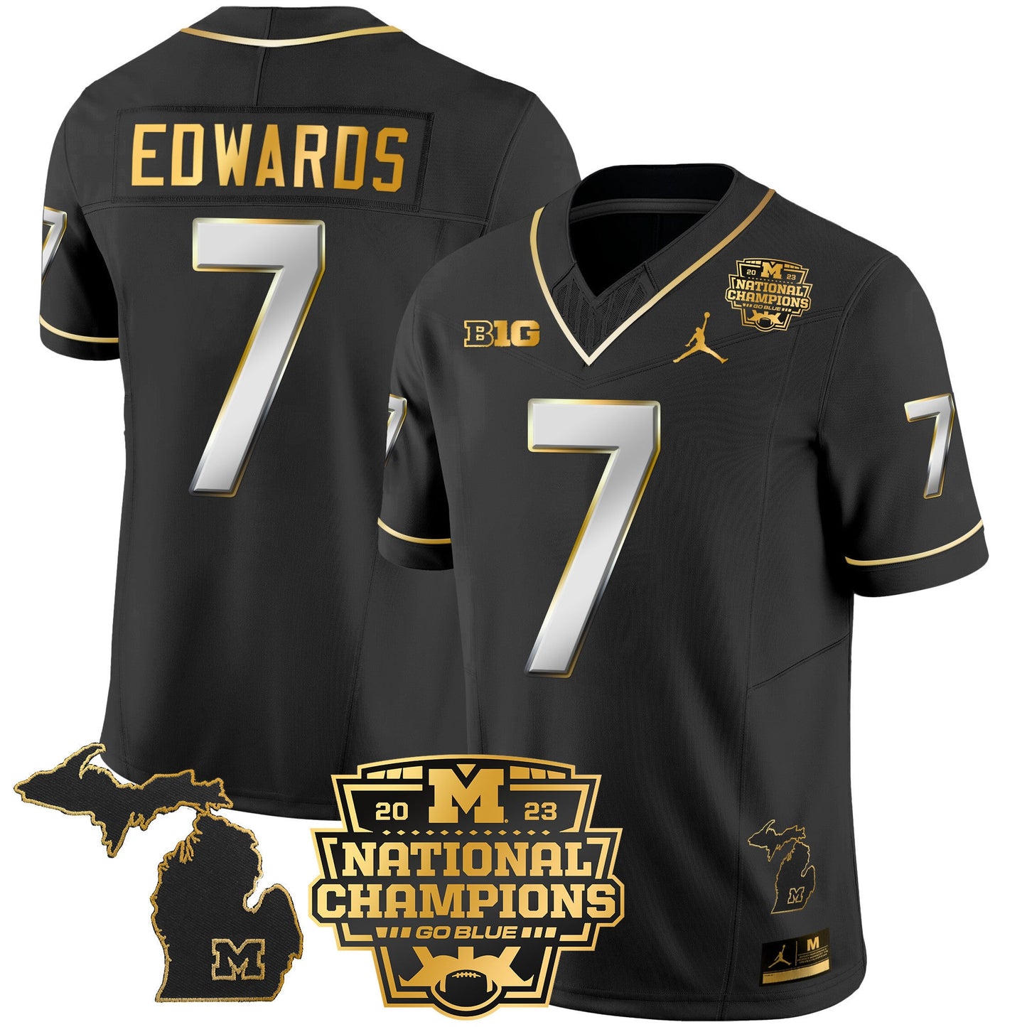 Michigan Wolverines 2023 National Champions Patch Gold Vapor Jersey V3 - All Stitched