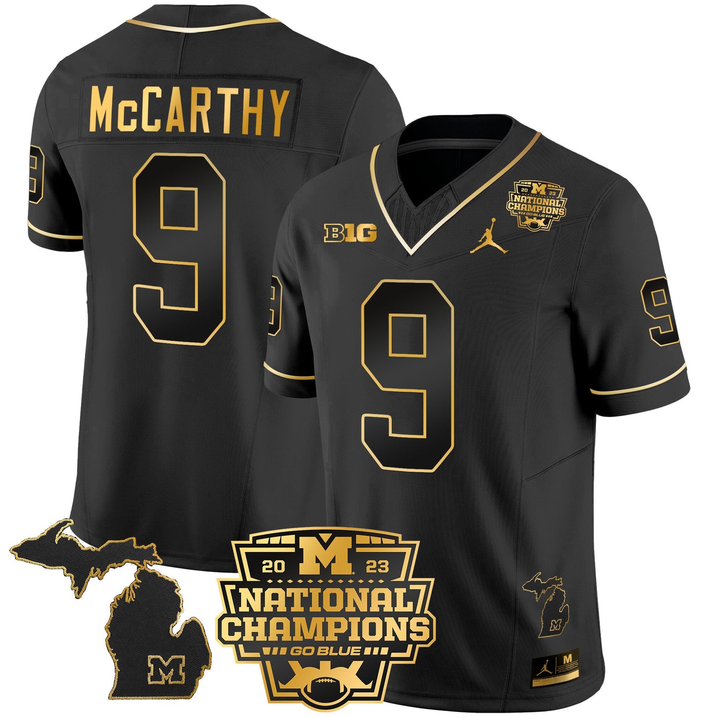 Michigan Wolverines 2023 National Champions Patch Gold Vapor Jersey V3 - All Stitched