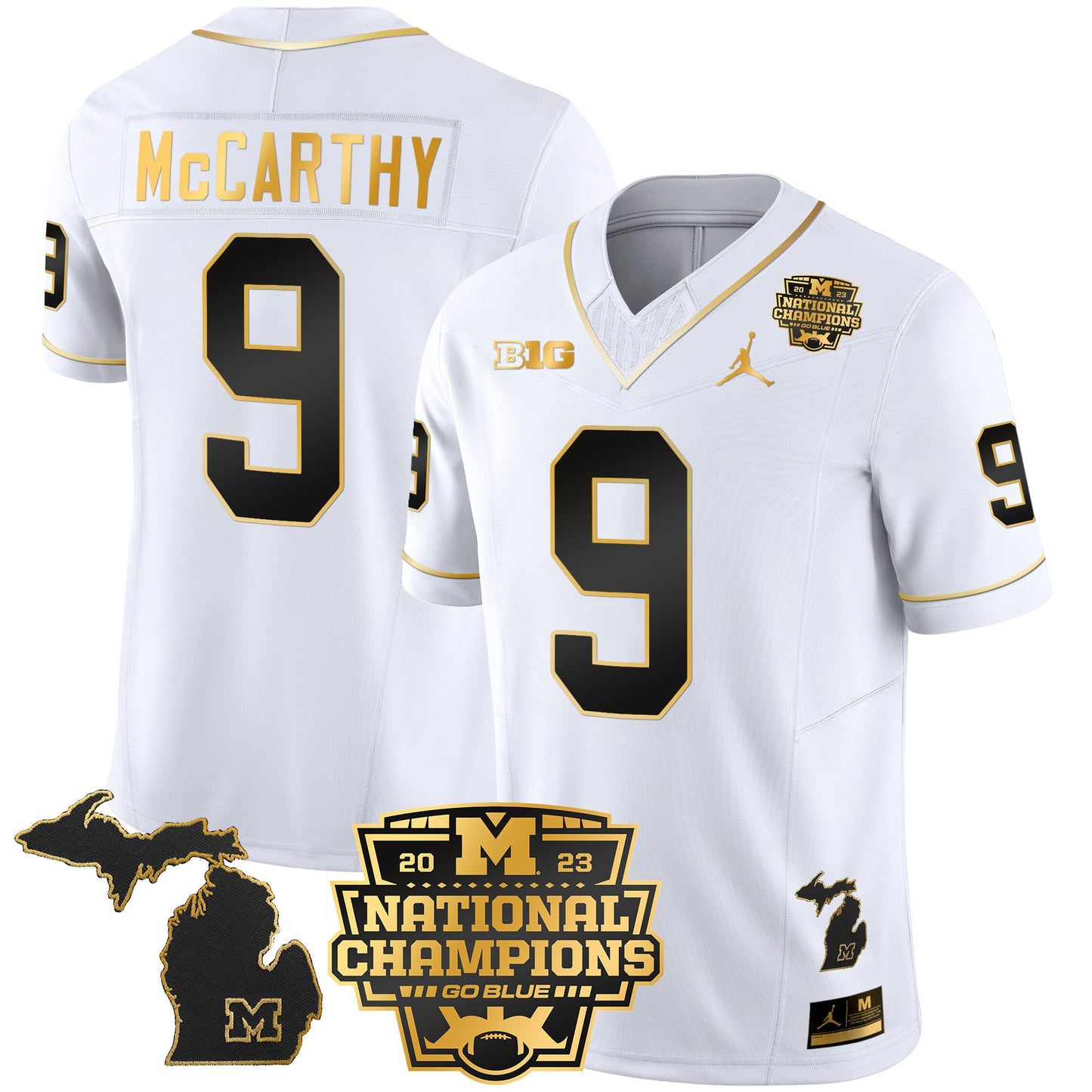Michigan Wolverines 2023 National Champions Patch Gold Vapor Jersey V3 - All Stitched