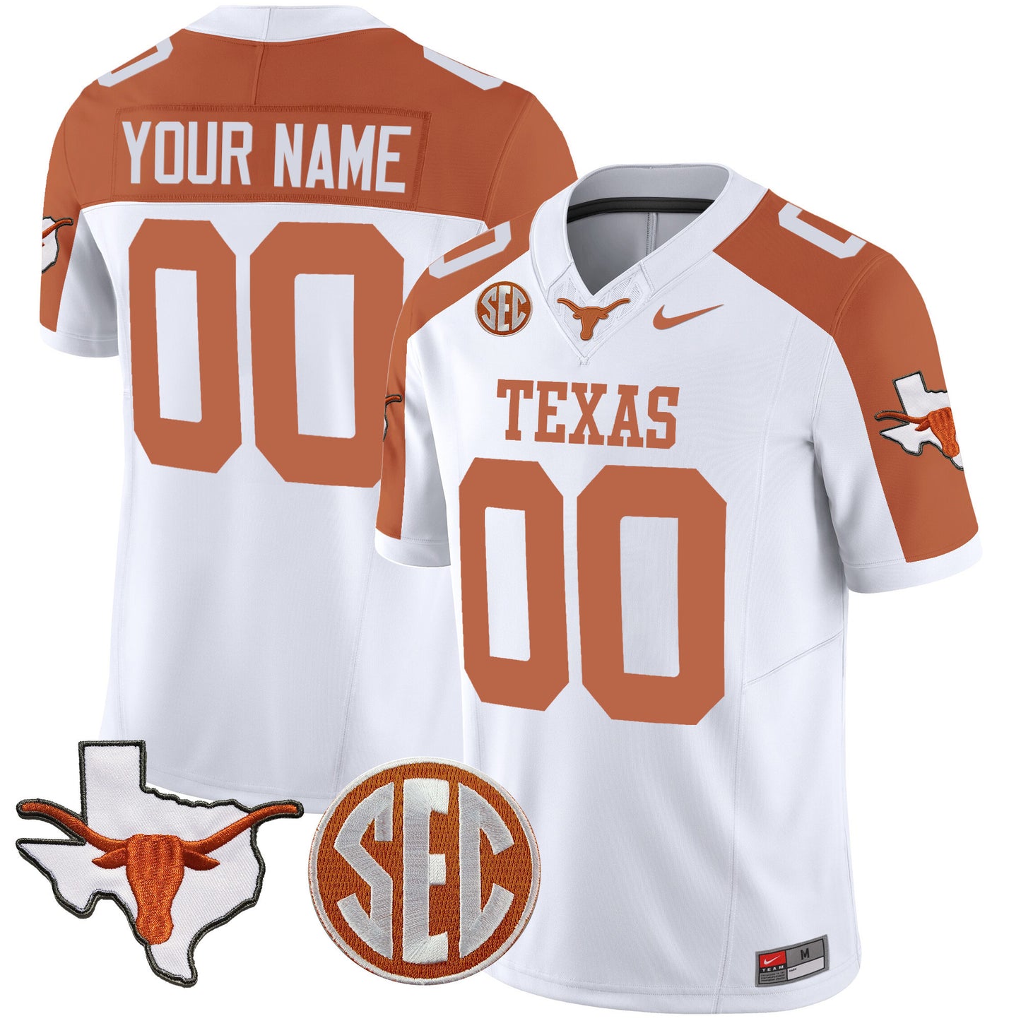 Texas Longhorns State Map & SEC Patch Vapor Custom Jersey V4 - All Stitched