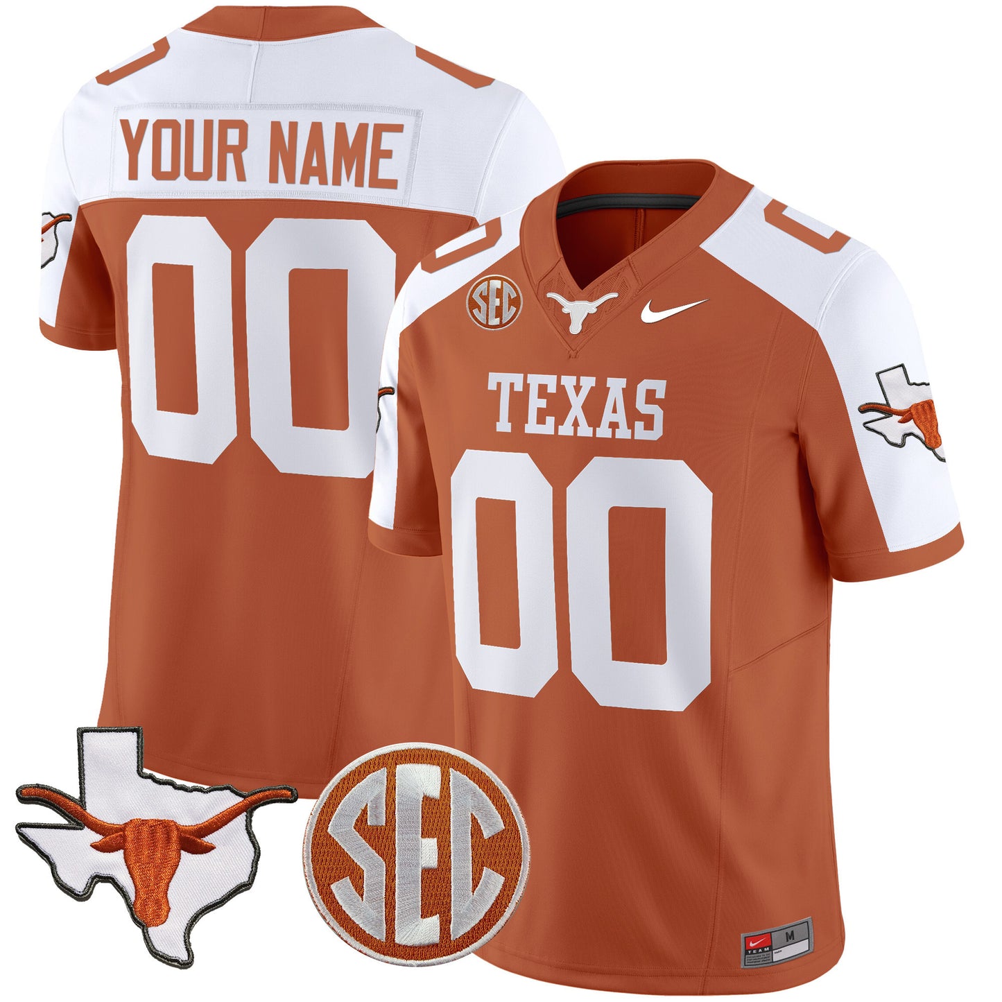 Texas Longhorns State Map & SEC Patch Vapor Custom Jersey V4 - All Stitched