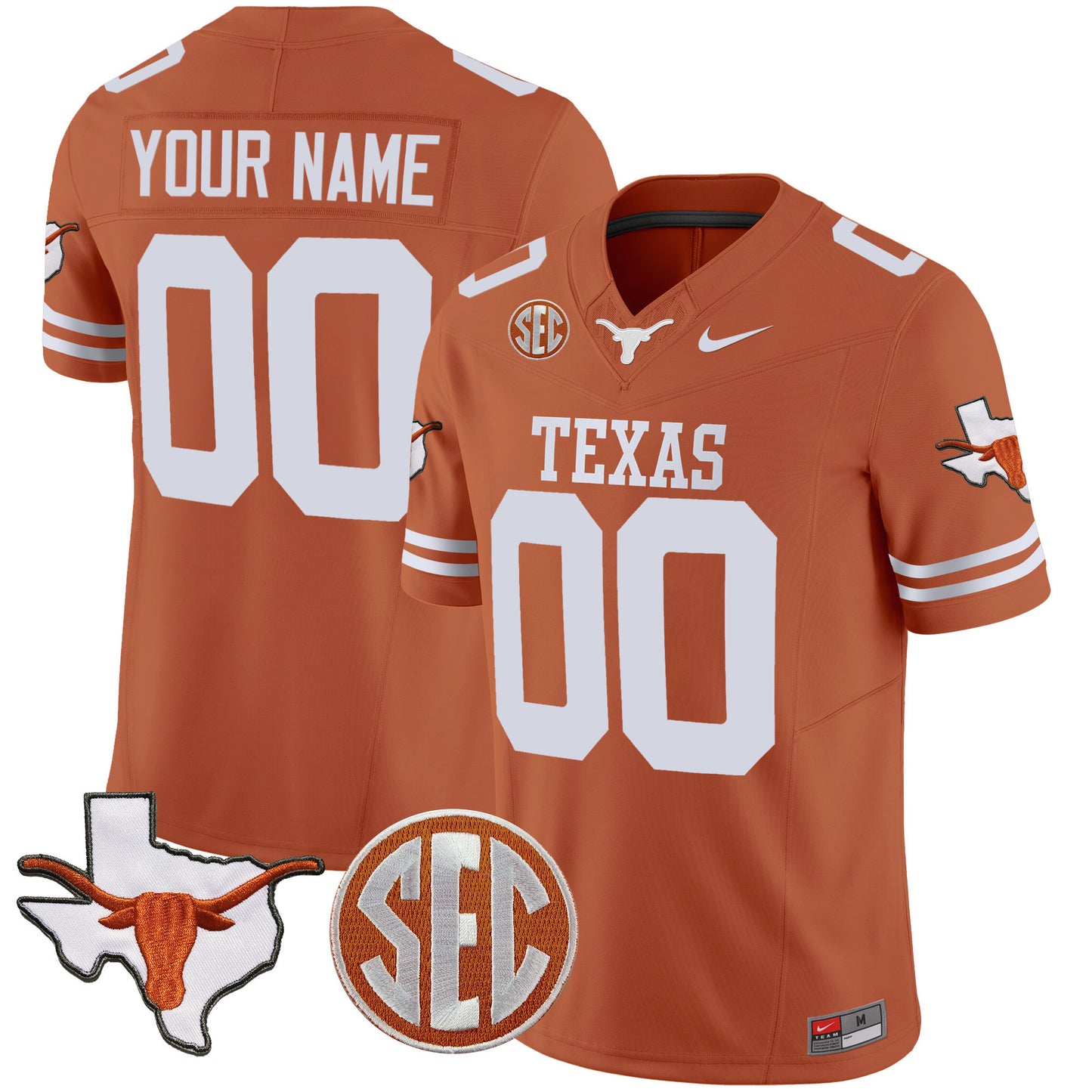 Texas Longhorns State Map & SEC Patch Vapor Custom Jersey V4 - All Stitched