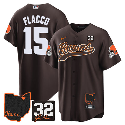 Browns #32 Jim Brown Memorial & Home Patch Baseball Jersey V2 - All Stitched