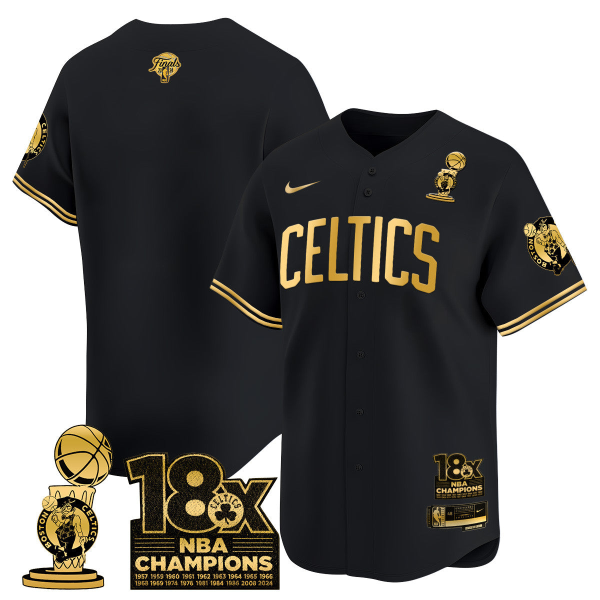 Men's Boston Celtics 2024 Champions Baseball Jersey - 18X Times NBA Champ Patch - All Stitched