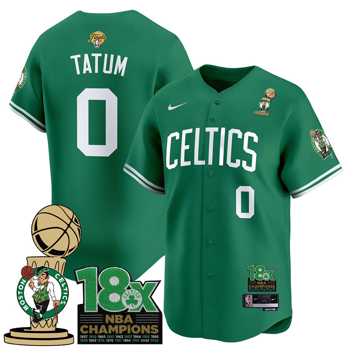 Men's Boston Celtics 2024 Champions Baseball Jersey - 18X Times NBA Champ Patch - All Stitched