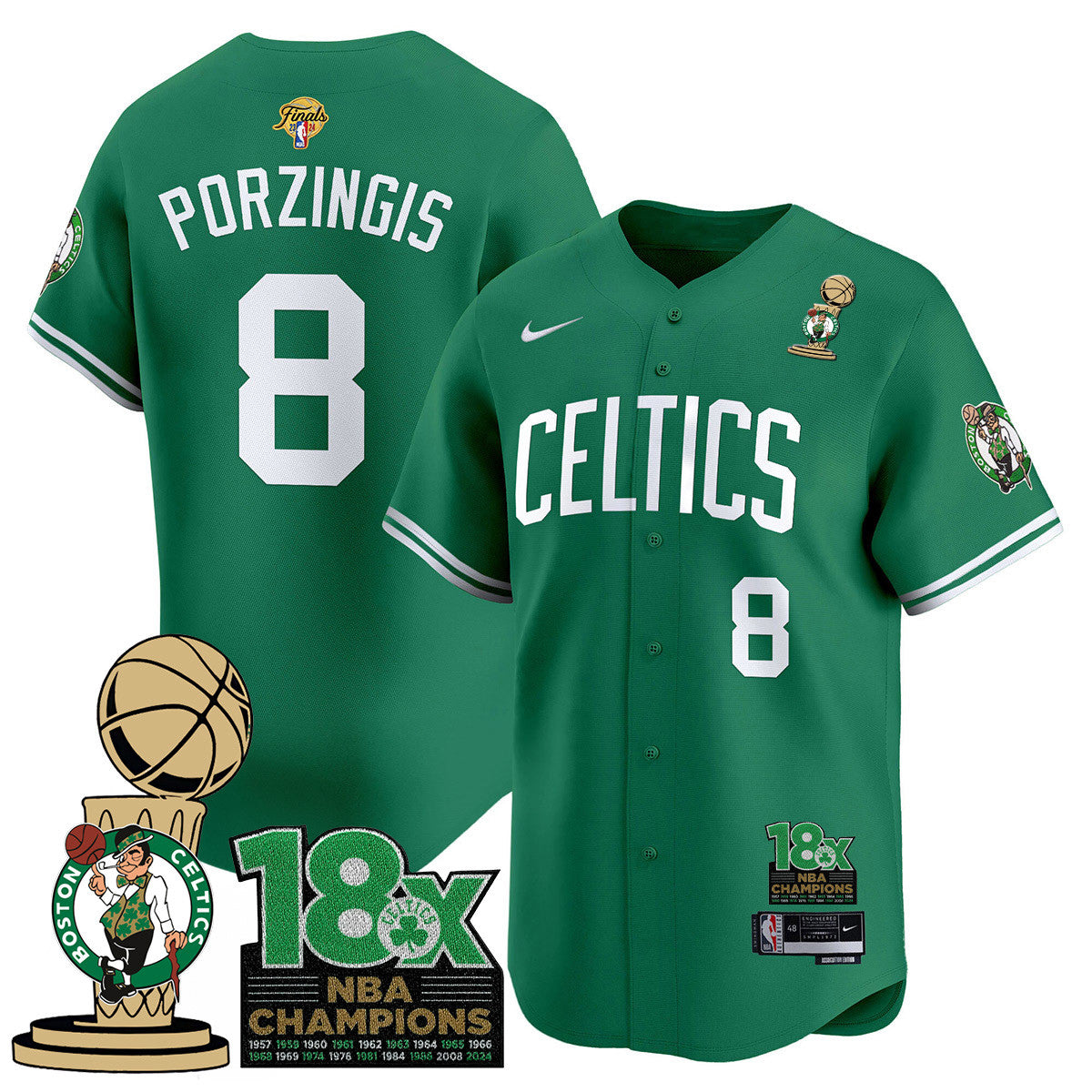 Men's Boston Celtics 2024 Champions Baseball Jersey - 18X Times NBA Champ Patch - All Stitched