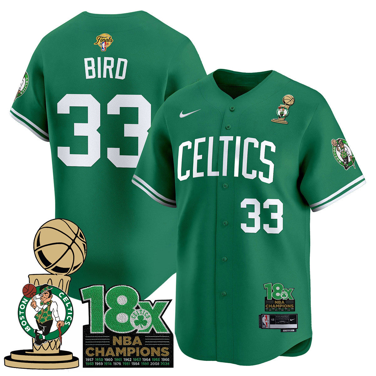 Men's Boston Celtics 2024 Champions Baseball Jersey - 18X Times NBA Champ Patch - All Stitched