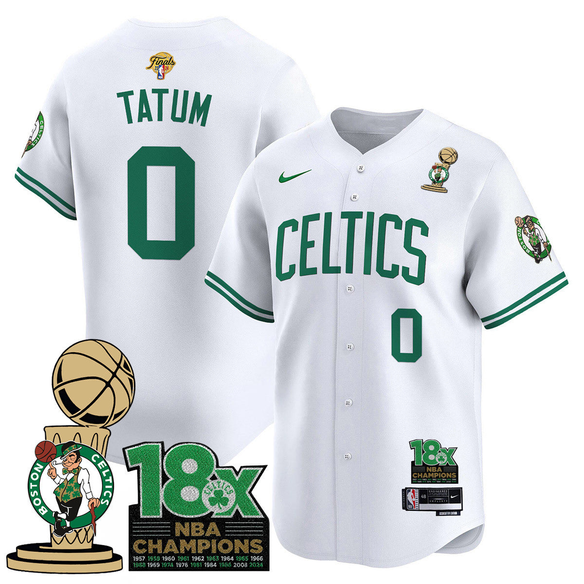 Men's Boston Celtics 2024 Champions Baseball Jersey - 18X Times NBA Champ Patch - All Stitched