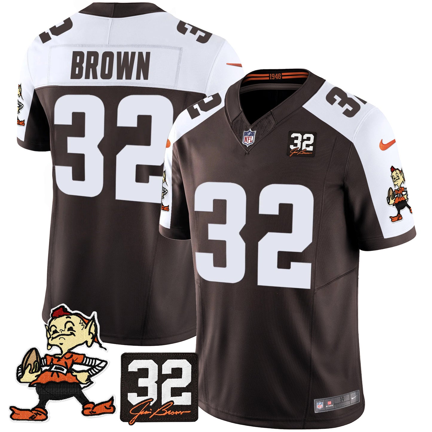 Browns #32 Jim Brown Memorial Patch Vapor Limited Jersey V2 - All Stitched