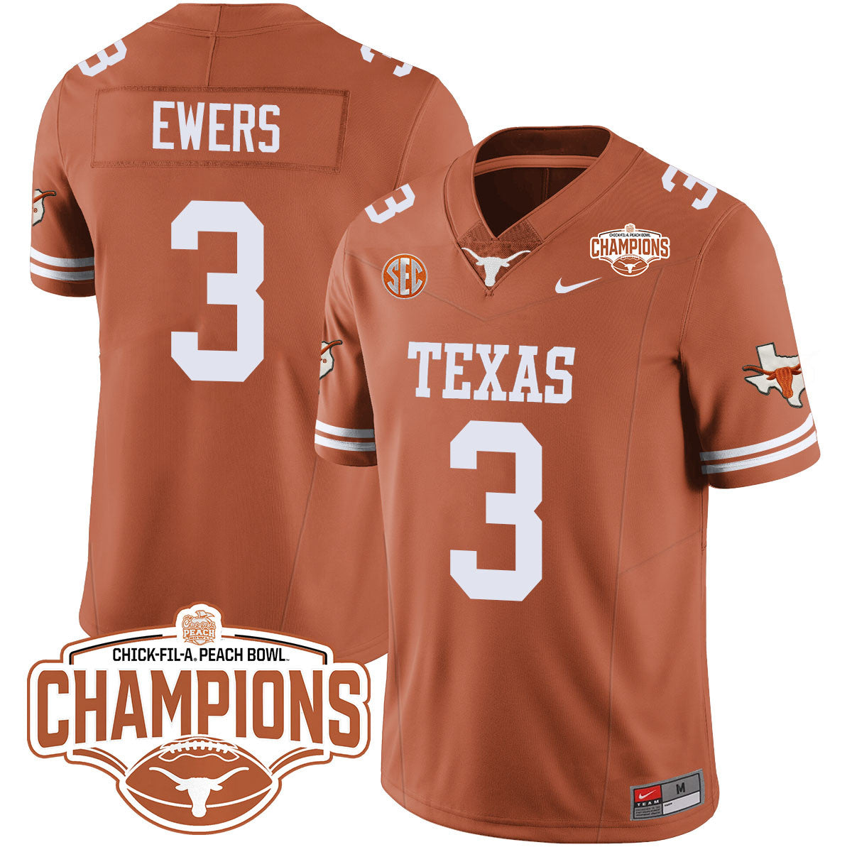 Texas Longhorns 2024 Peach Bowl Champions Jersey - All Stitched