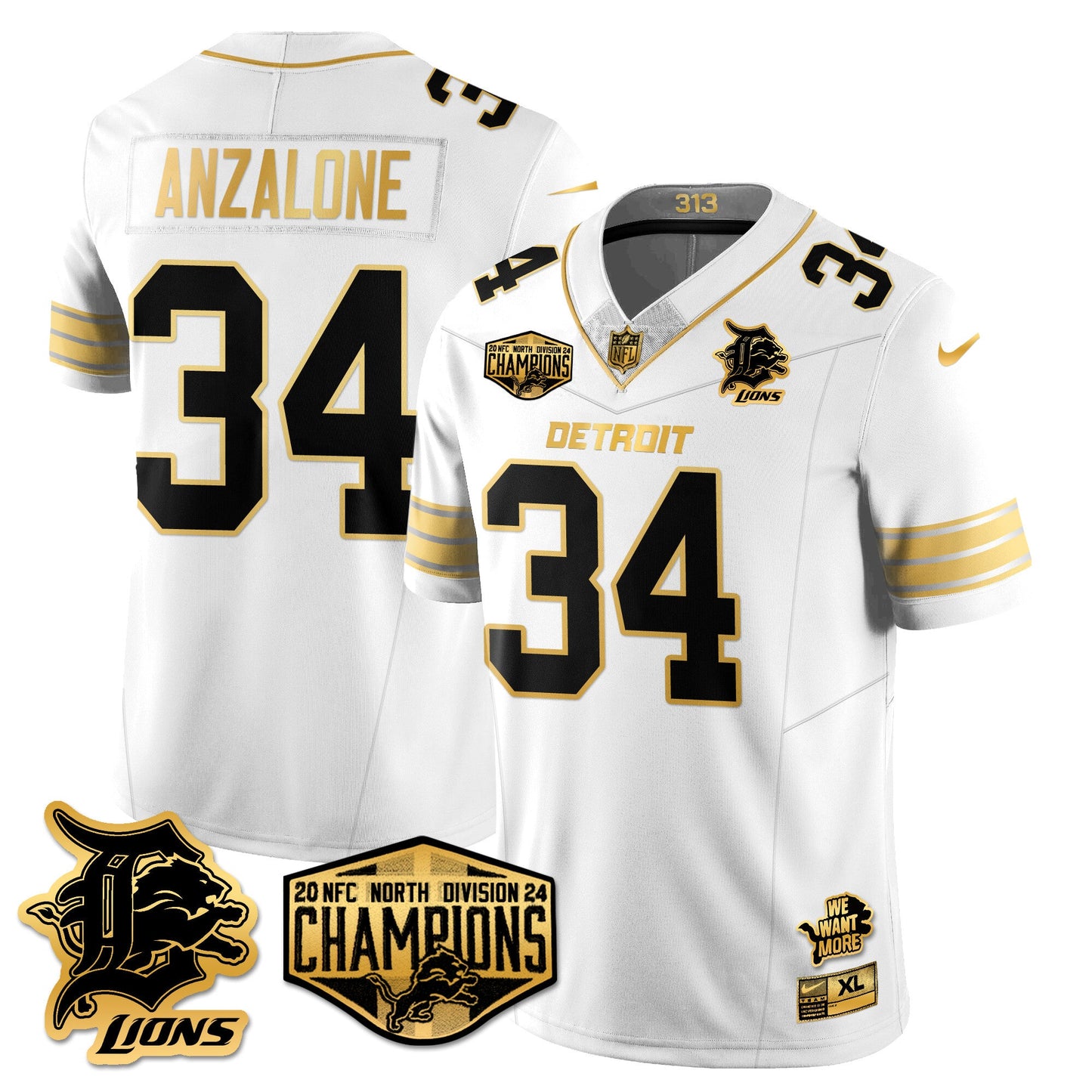 Detroit Lions 2024 NFC North Champions Gold Jersey - All Stitched