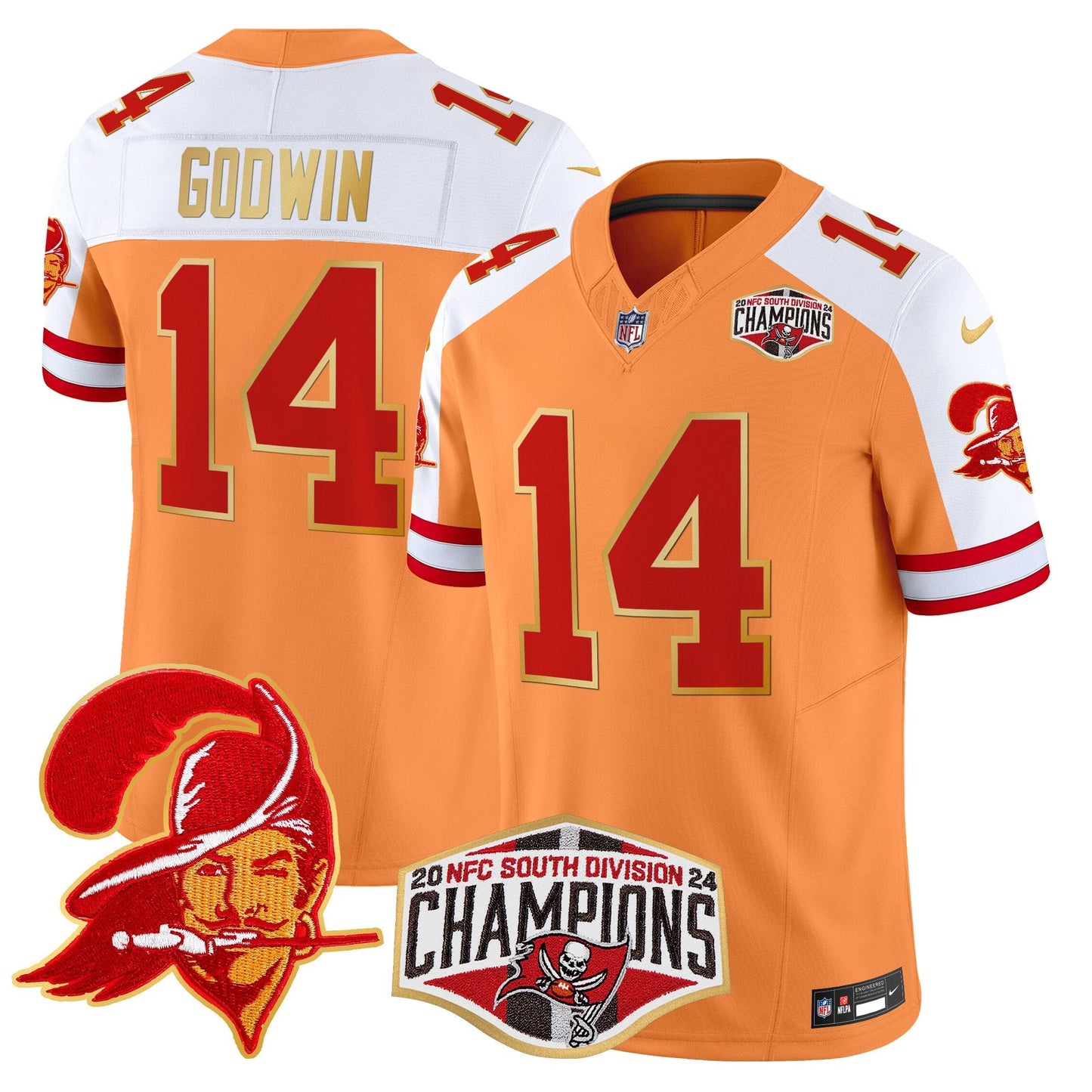 Buccaneers Creamsicle 2024 NFC South Division Champions Patch Gold Trim Vapor Limited Jersey - All Stitched