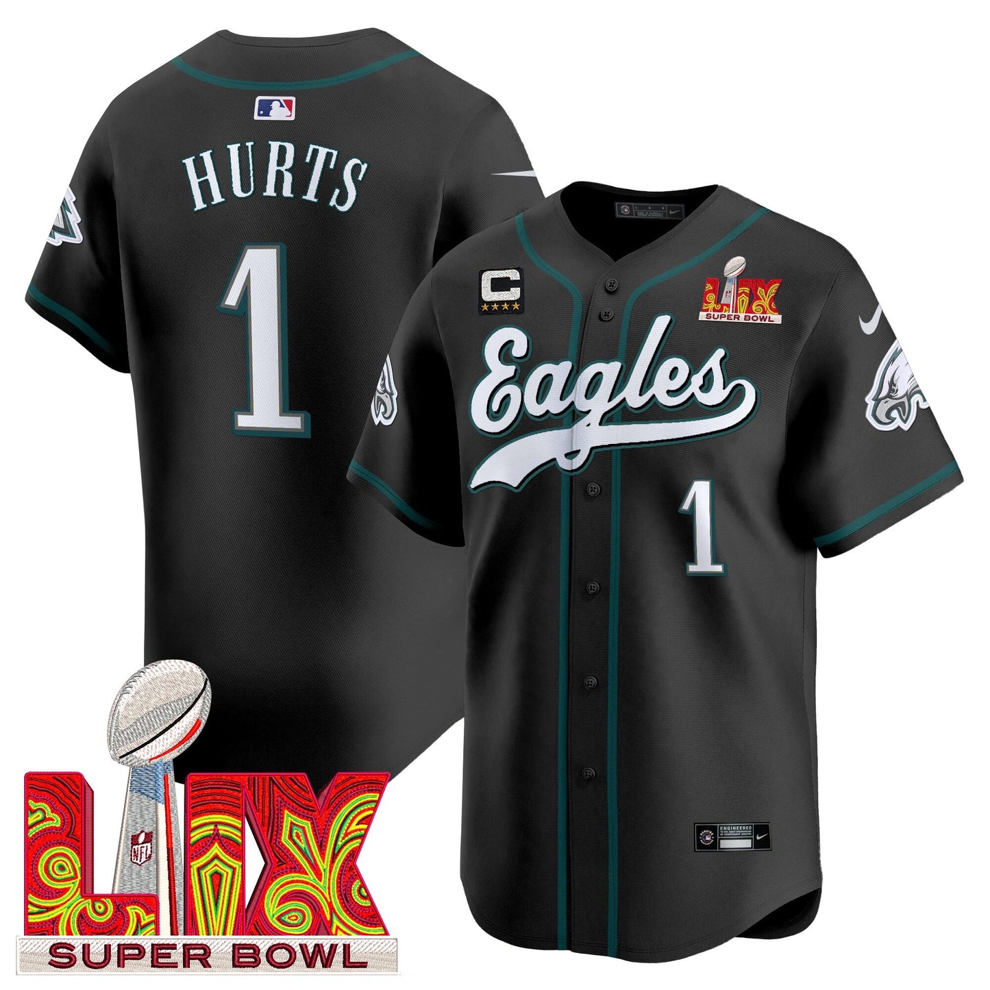 Philadelphia Eagles Midnight Green Super Bowl LIX Vapor Baseball Jersey - All Stitched