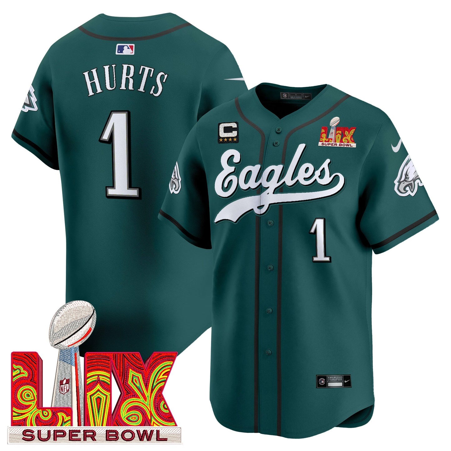 Philadelphia Eagles Midnight Green Super Bowl LIX Vapor Baseball Jersey - All Stitched