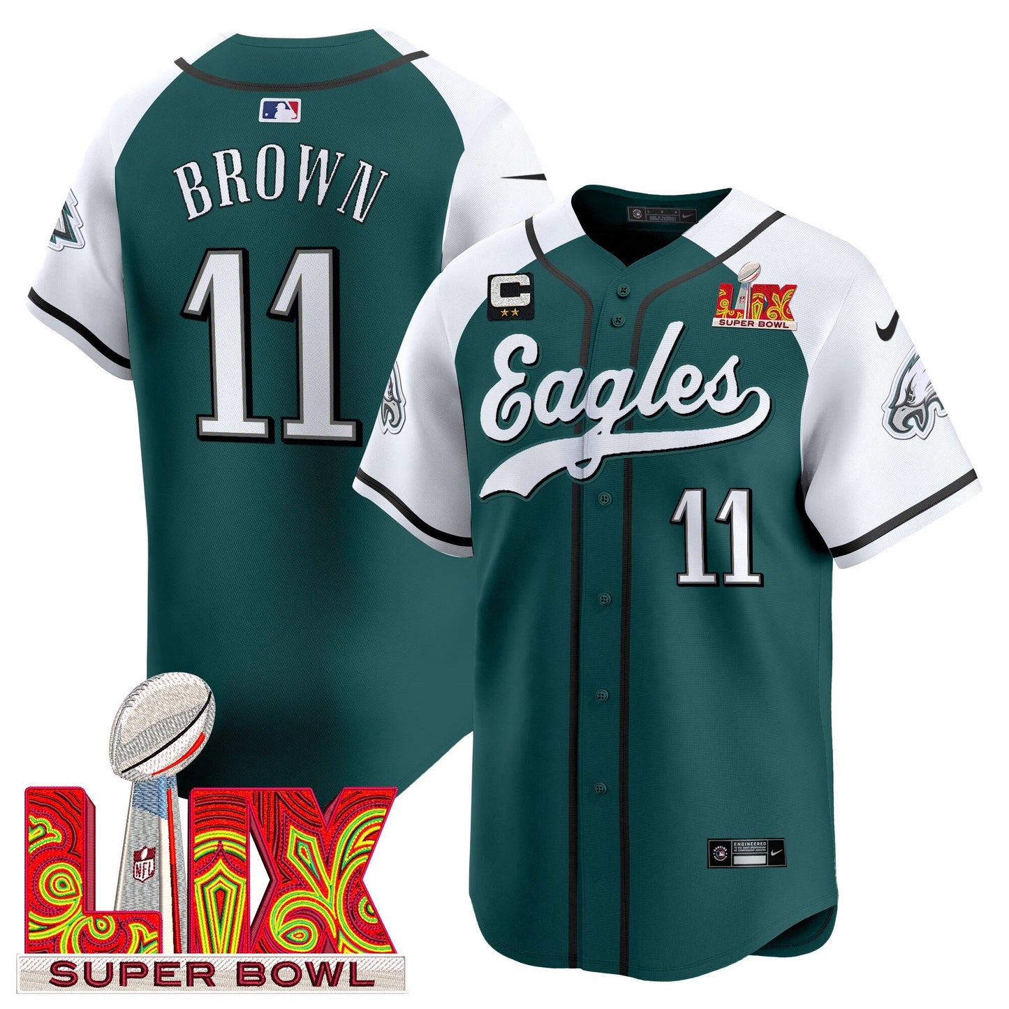 Philadelphia Eagles Midnight Green Super Bowl LIX Vapor Baseball Jersey - All Stitched