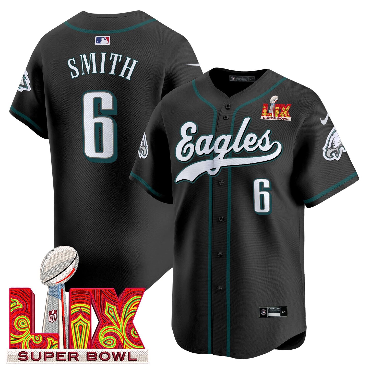 Philadelphia Eagles Midnight Green Super Bowl LIX Vapor Baseball Jersey - All Stitched