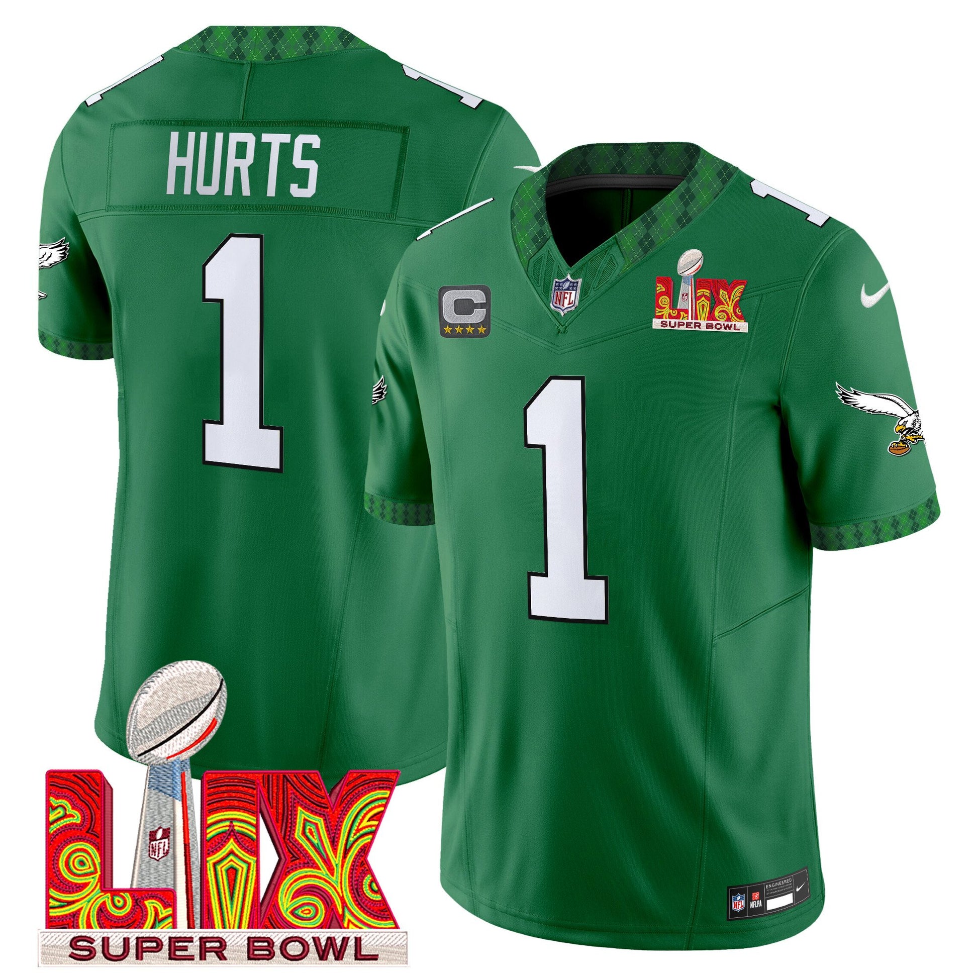 Men's Eagles Kelly Green St. Patrick's Day Super Bowl LIX Patch Vapor Limited Jersey - All Stitched