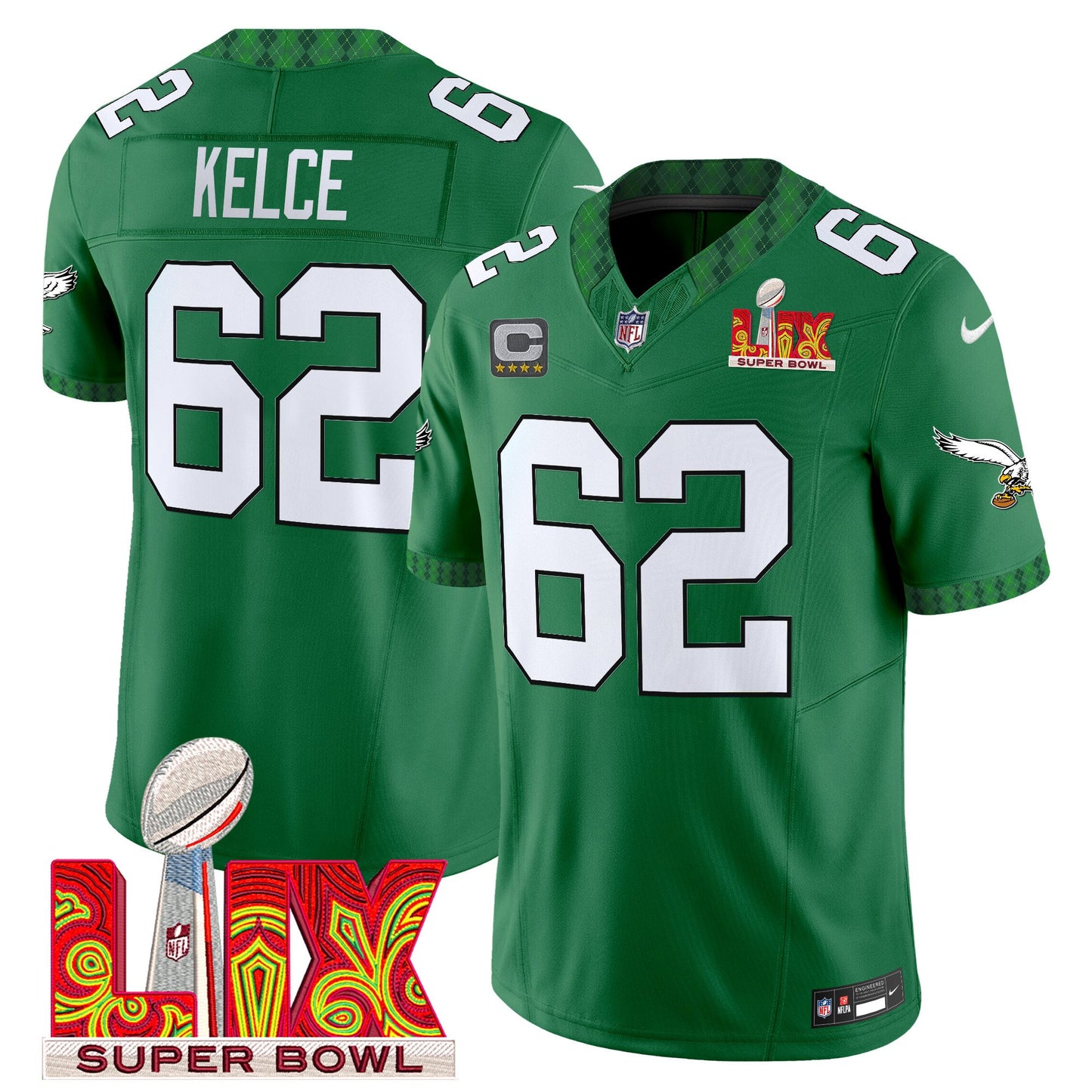 Men's Eagles Kelly Green St. Patrick's Day Super Bowl LIX Patch Vapor Limited Jersey - All Stitched