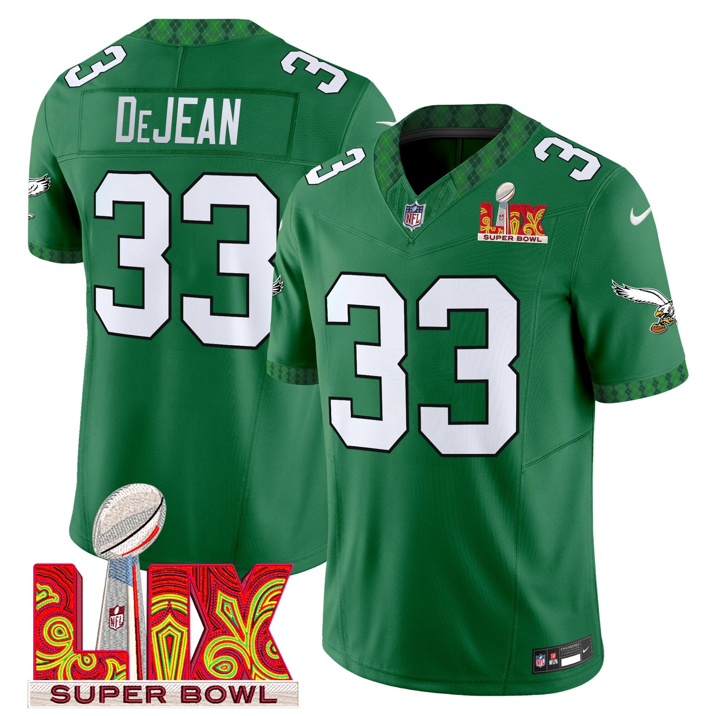 Men's Eagles Kelly Green St. Patrick's Day Super Bowl LIX Patch Vapor Limited Jersey - All Stitched