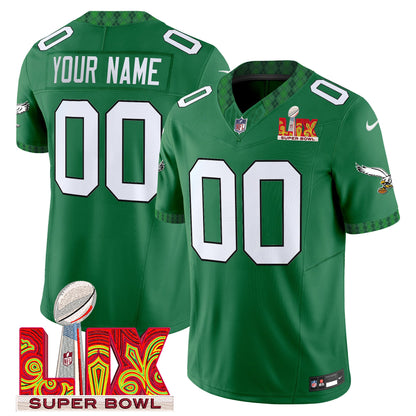 Eagles Kelly Green St. Patrick's Day Super Bowl LIX Patch Vapor Limited Custom Jersey - All Stitched