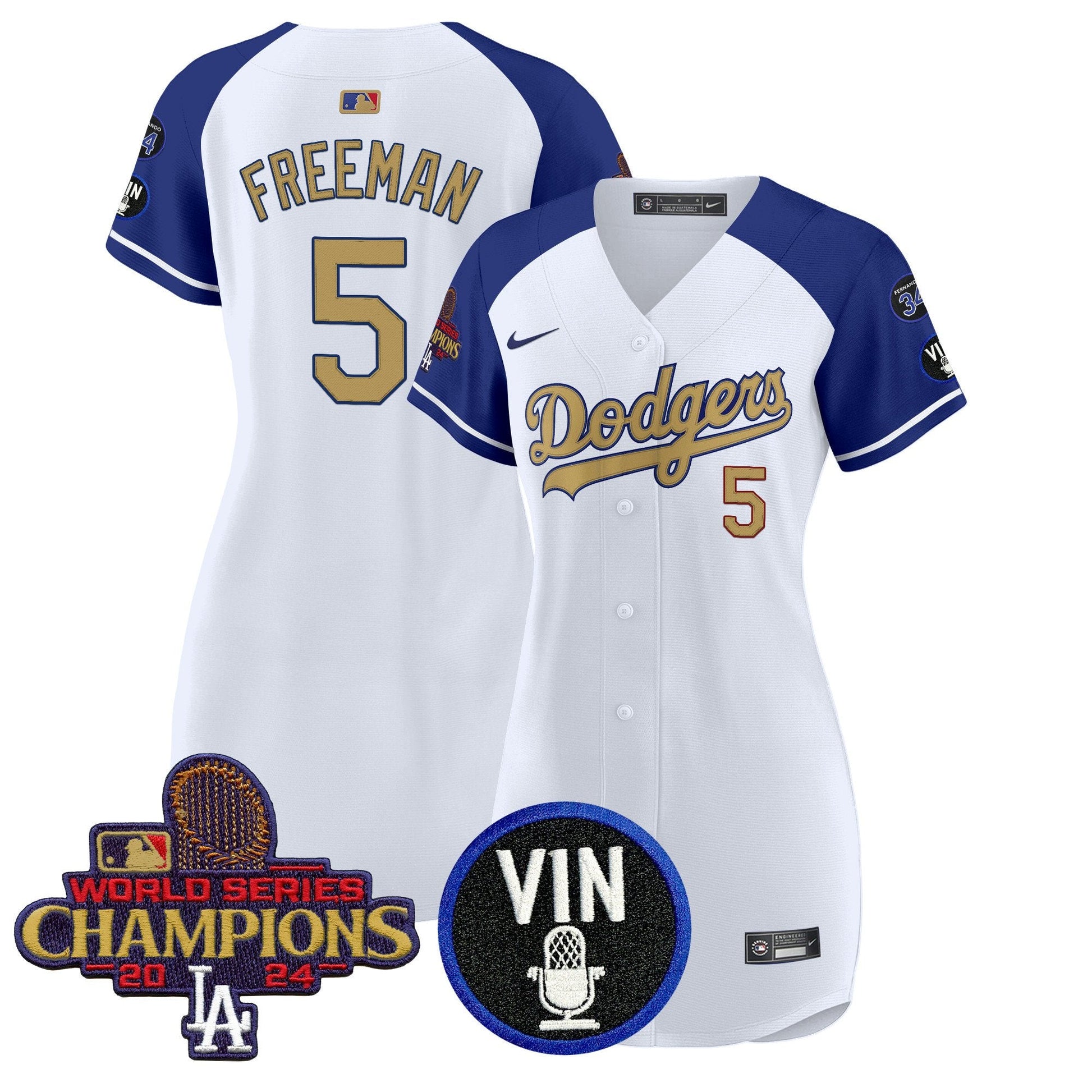 Women's Dodgers 2025 Vin Scully & #34 Fernando Patch Gold Baseball Dress - All Stitched