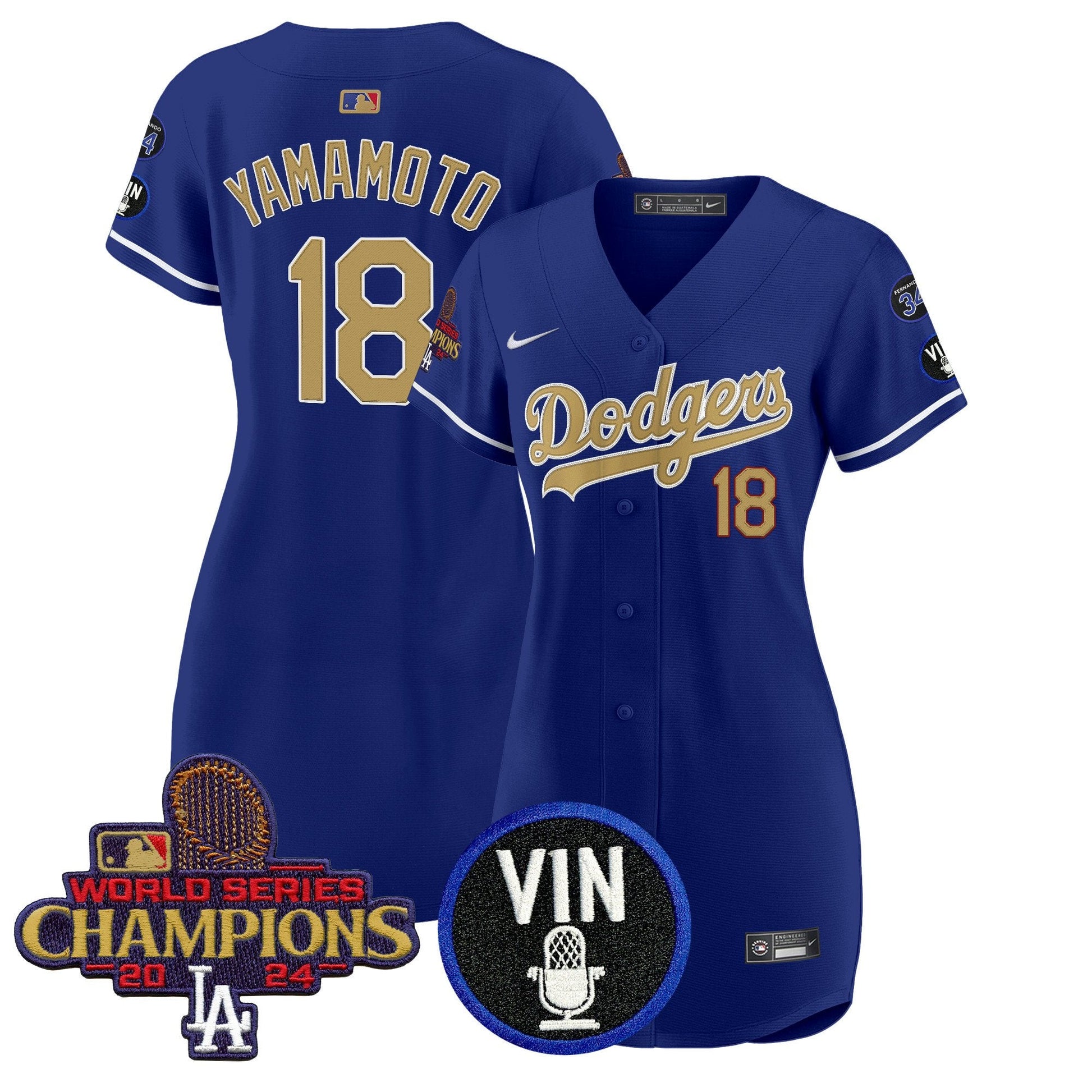 Women's Dodgers 2025 Vin Scully & #34 Fernando Patch Gold Baseball Dress - All Stitched
