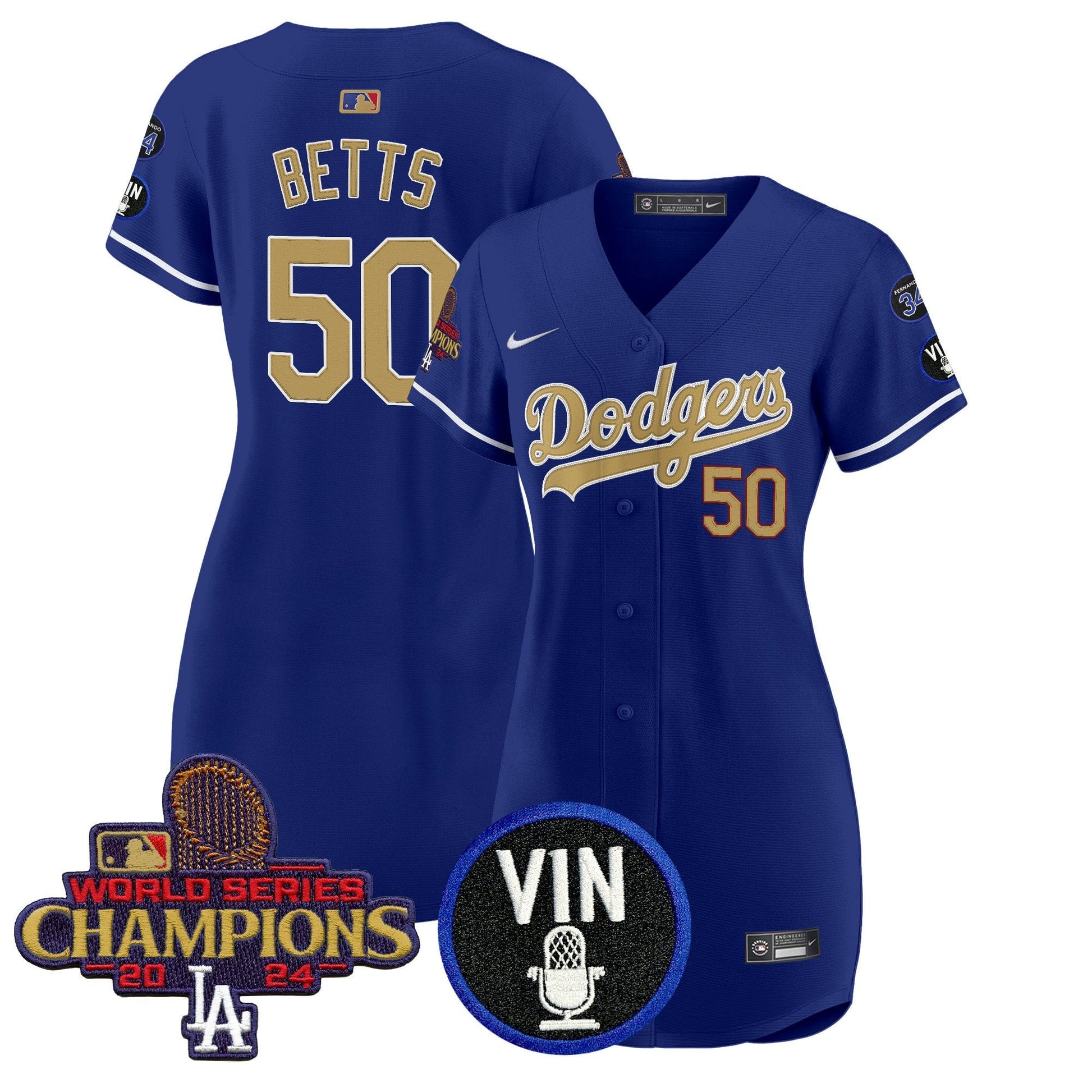 Women's Dodgers 2025 Vin Scully & #34 Fernando Patch Gold Baseball Dress - All Stitched