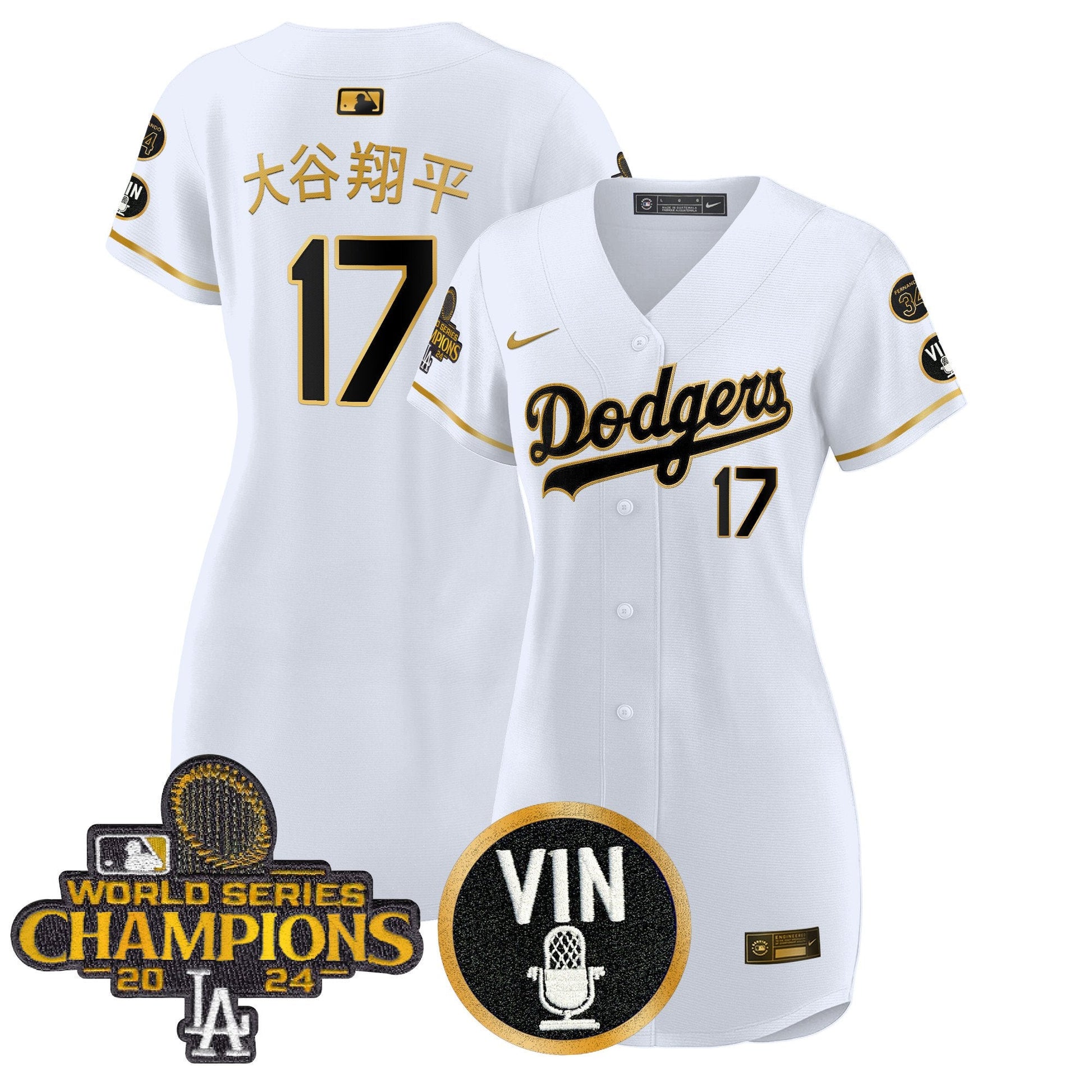 Women's Dodgers 2025 Vin Scully & #34 Fernando Patch Gold Baseball Dress - All Stitched
