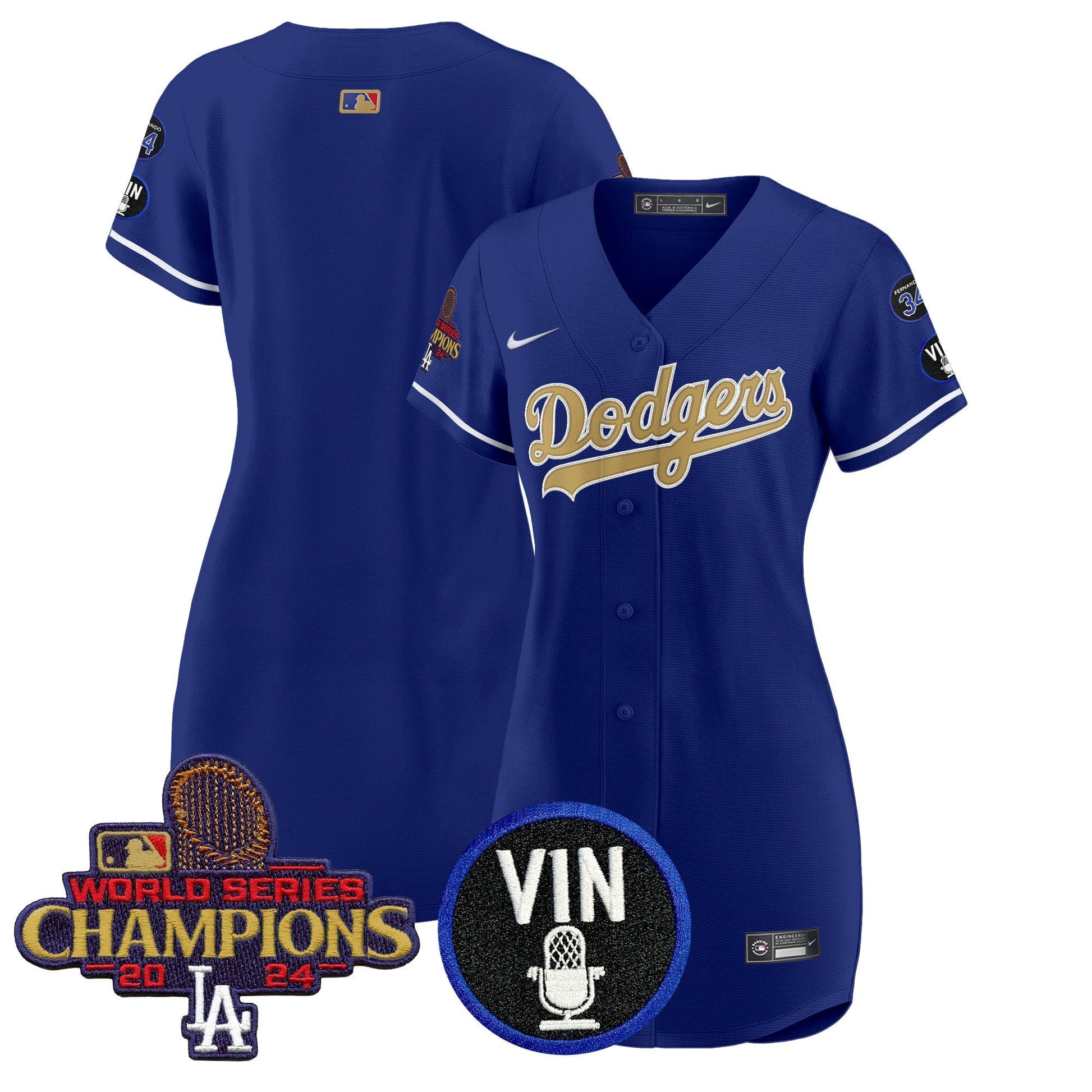 Women's Dodgers 2025 Vin Scully & #34 Fernando Patch Gold Baseball Dress - All Stitched