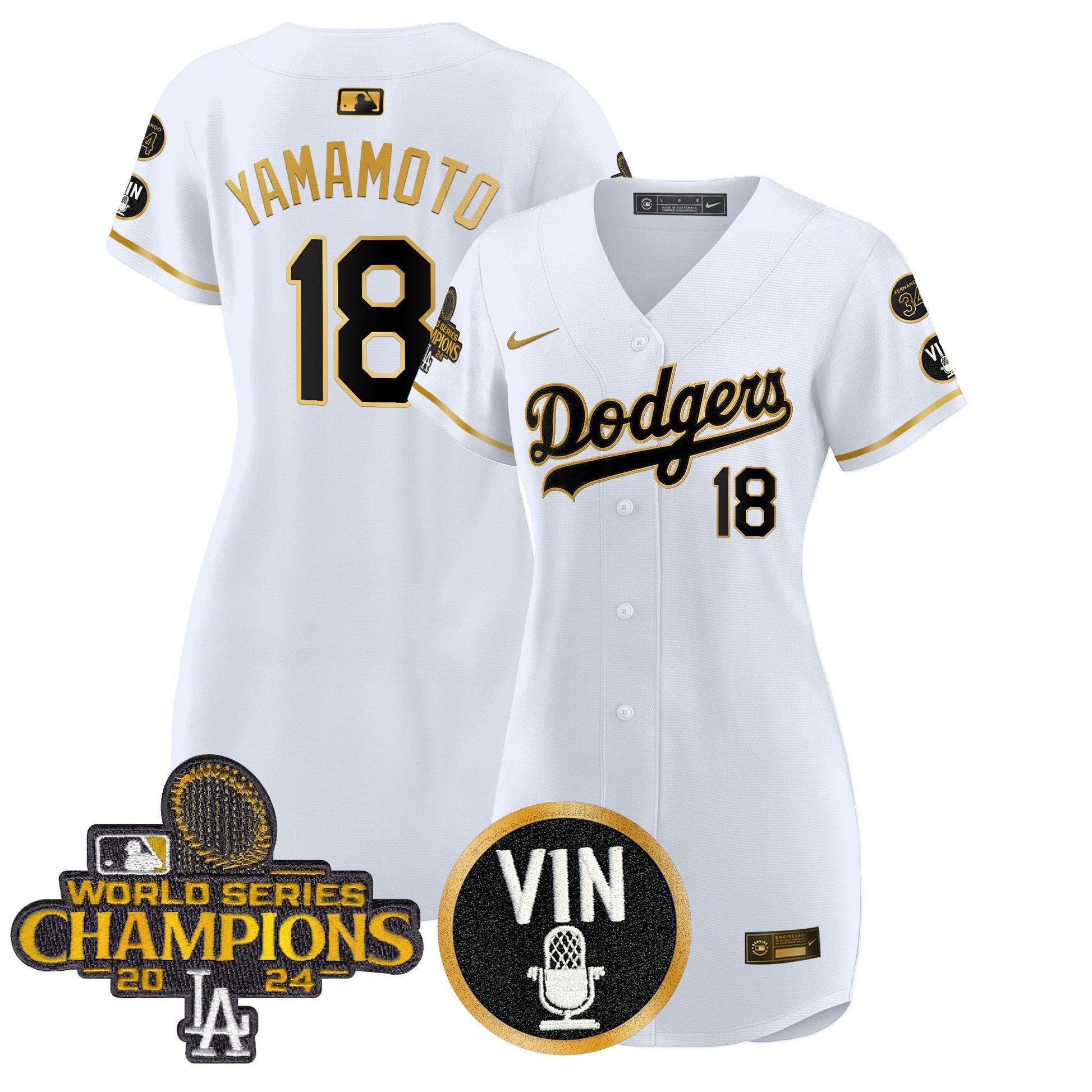 Women's Dodgers 2025 Vin Scully & #34 Fernando Patch Gold Baseball Dress - All Stitched