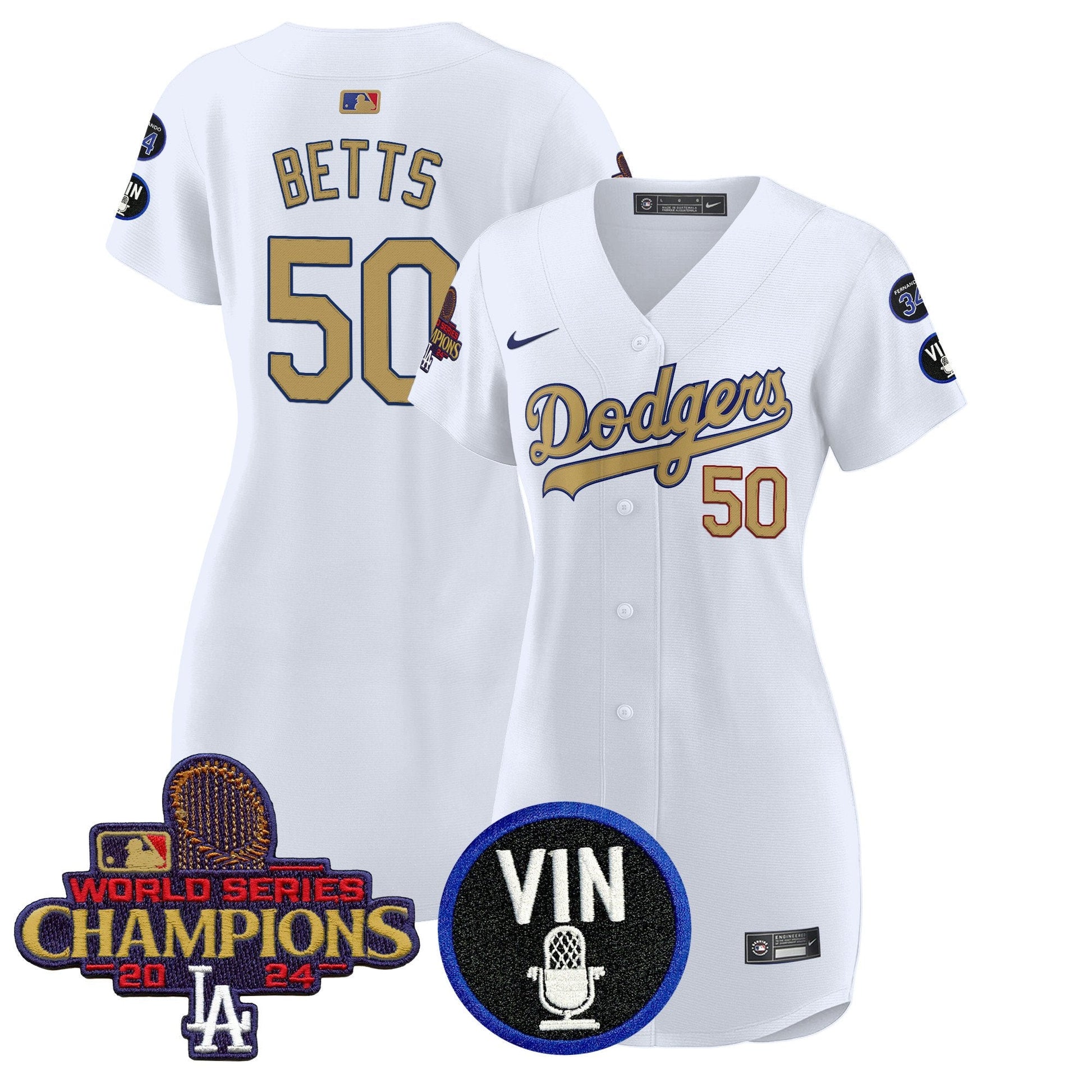 Women's Dodgers 2025 Vin Scully & #34 Fernando Patch Gold Baseball Dress - All Stitched