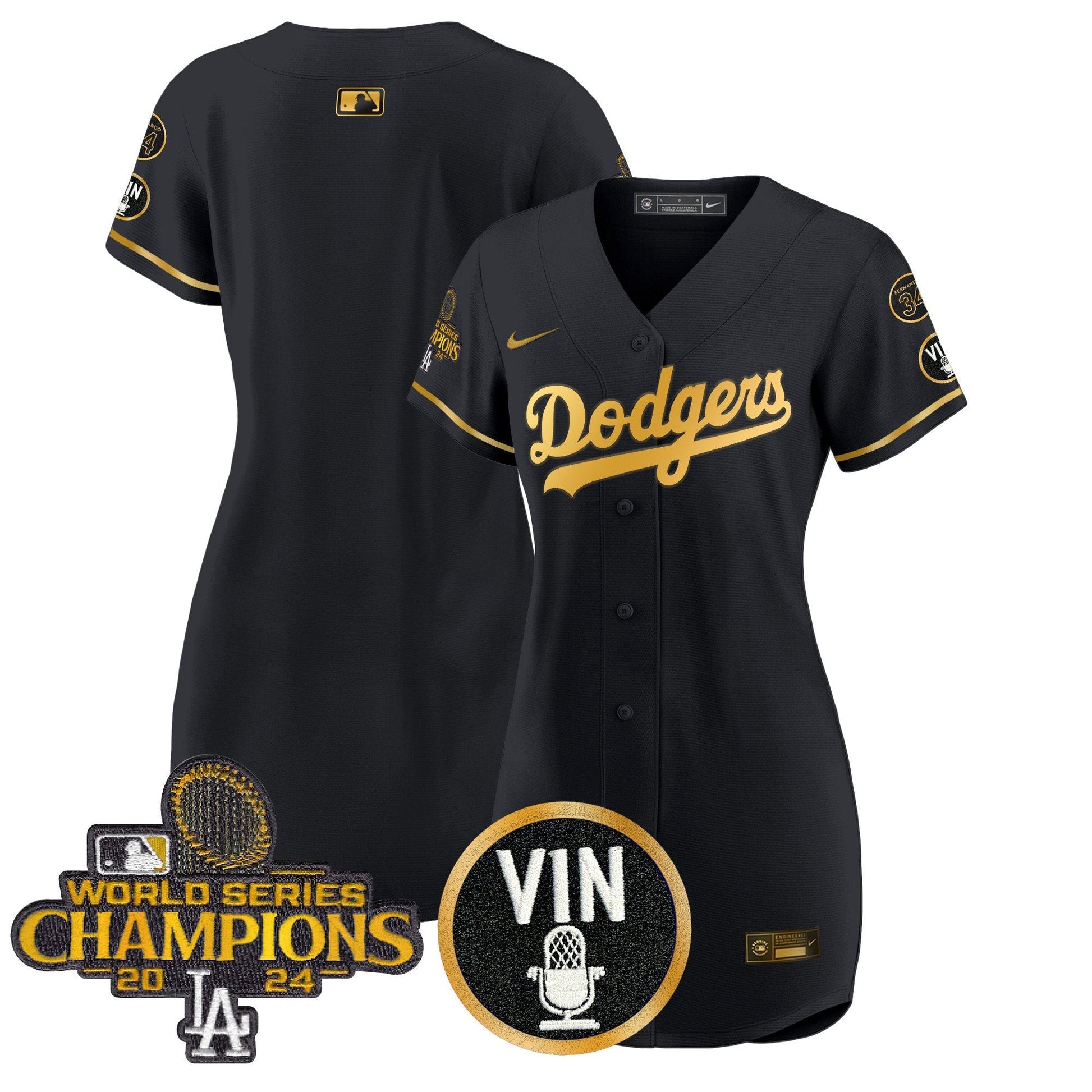 Women's Dodgers 2025 Vin Scully & #34 Fernando Patch Gold Baseball Dress - All Stitched