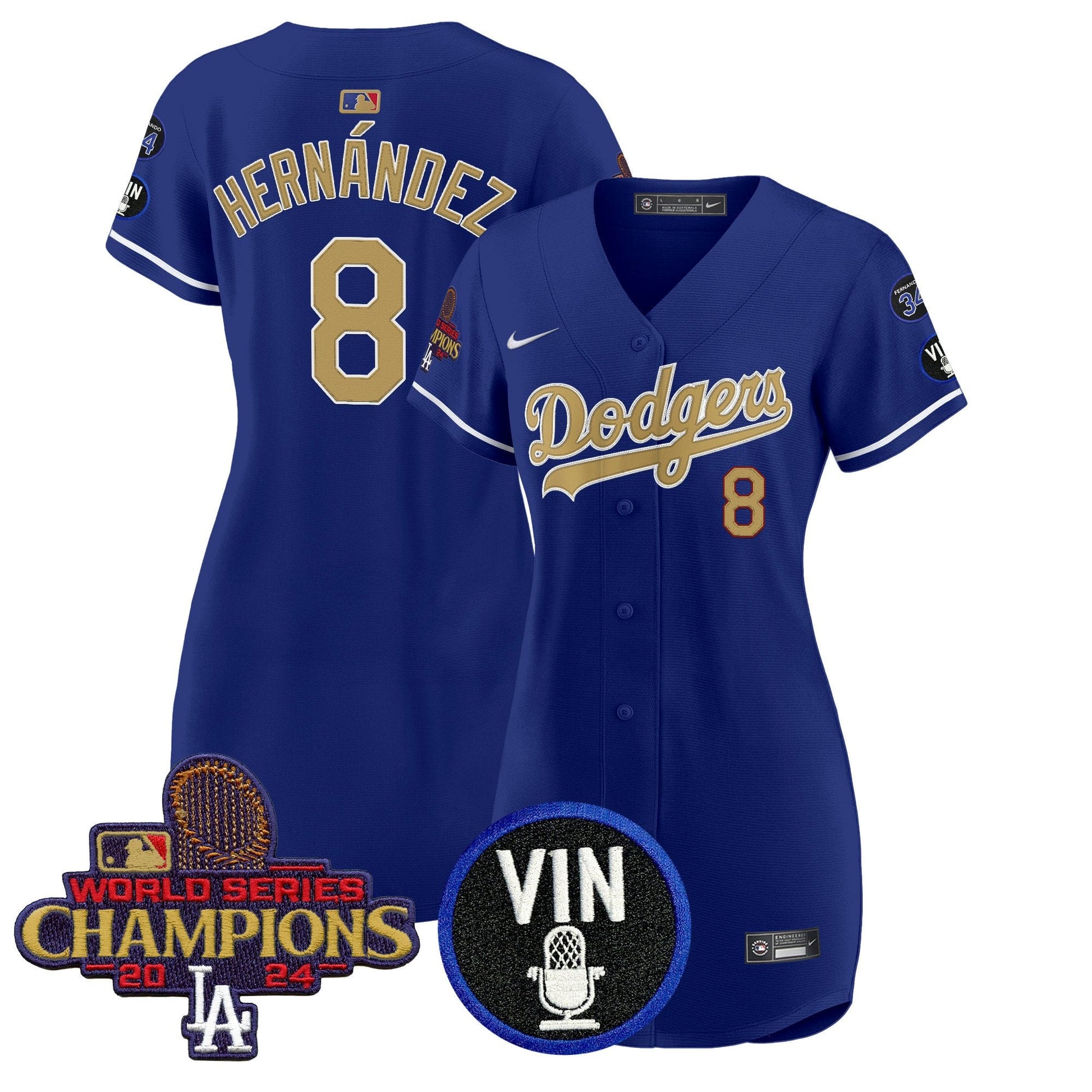 Women's Dodgers 2025 Vin Scully & #34 Fernando Patch Gold Baseball Dress - All Stitched