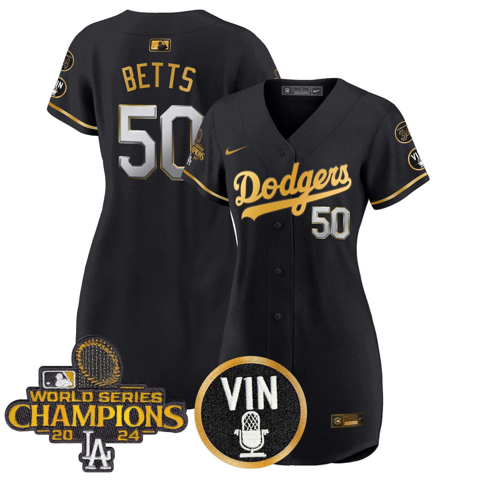 Women's Dodgers 2025 Vin Scully & #34 Fernando Patch Gold Baseball Dress - All Stitched