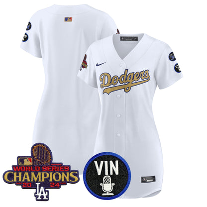Women's Dodgers 2025 Vin Scully & #34 Fernando Patch Gold Baseball Dress - All Stitched
