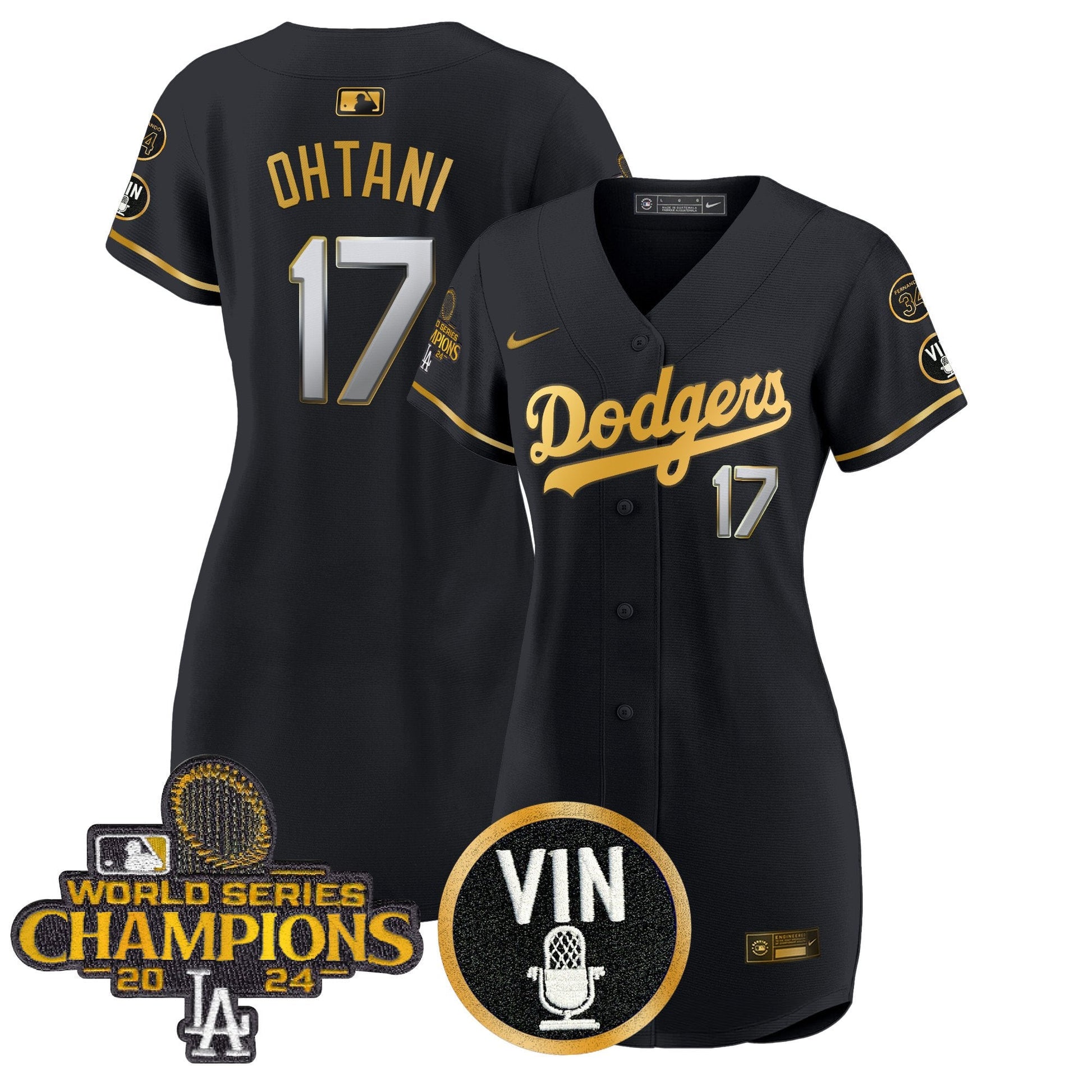 Women's Dodgers 2025 Vin Scully & #34 Fernando Patch Gold Baseball Dress - All Stitched