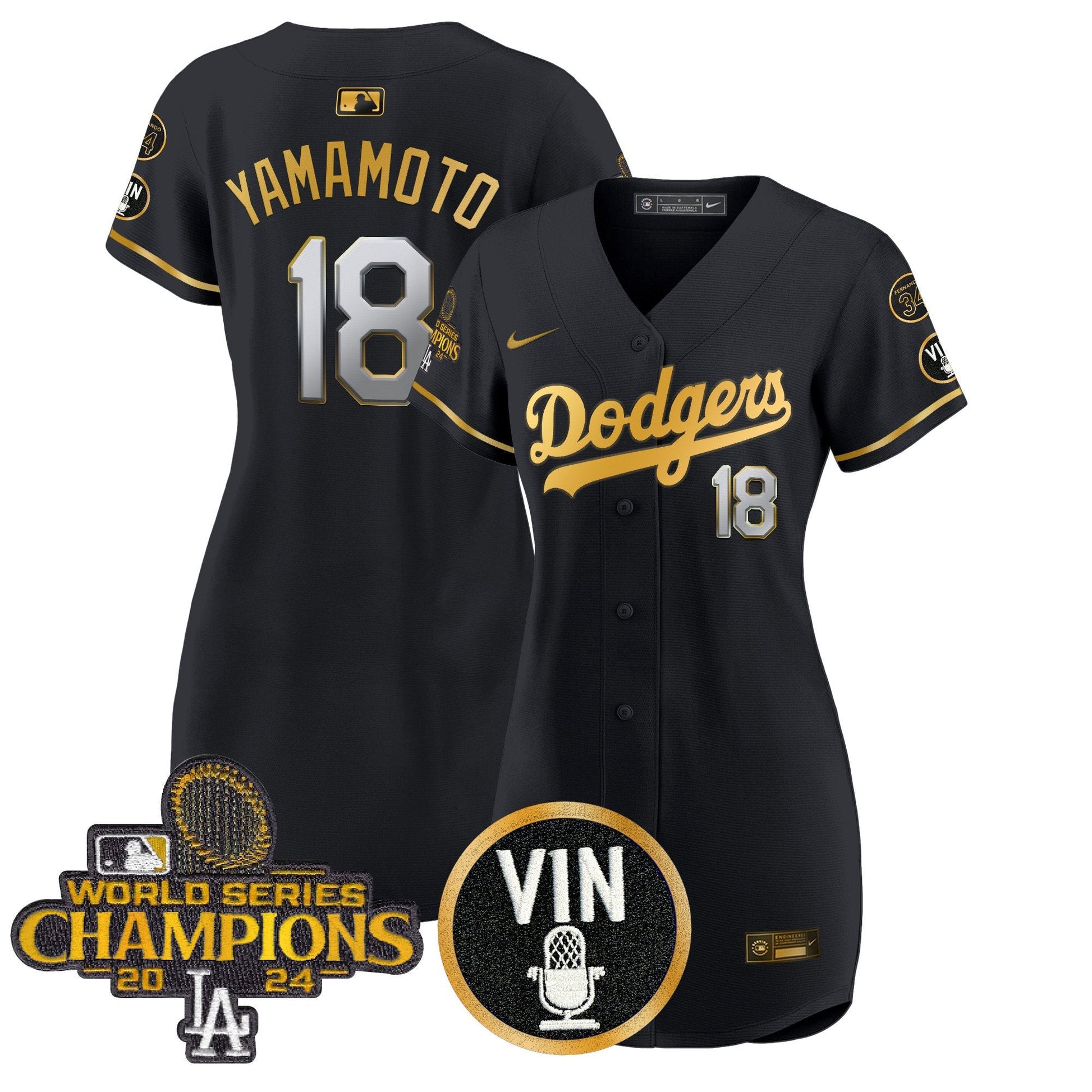 Women's Dodgers 2025 Vin Scully & #34 Fernando Patch Gold Baseball Dress - All Stitched