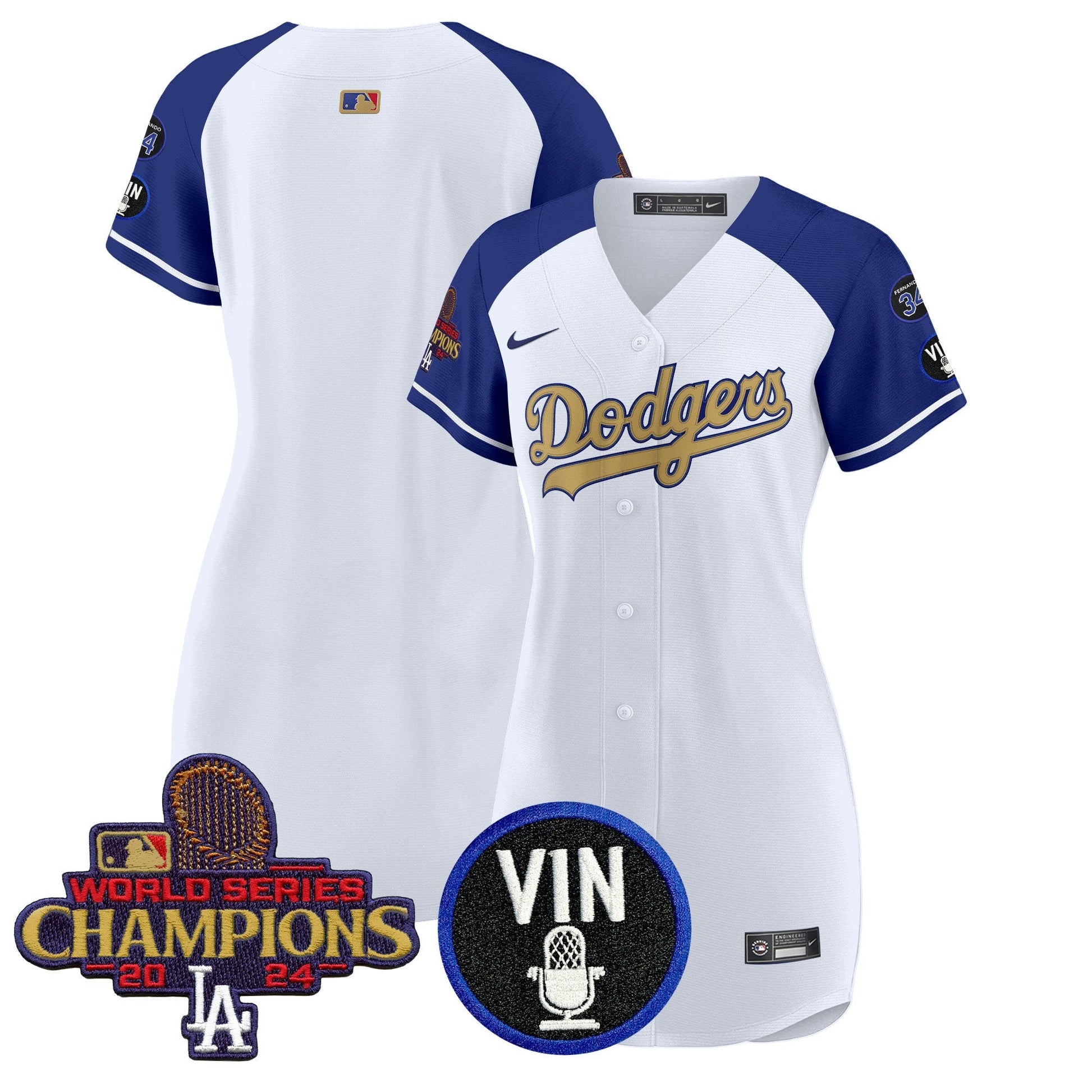 Women's Dodgers 2025 Vin Scully & #34 Fernando Patch Gold Baseball Dress - All Stitched